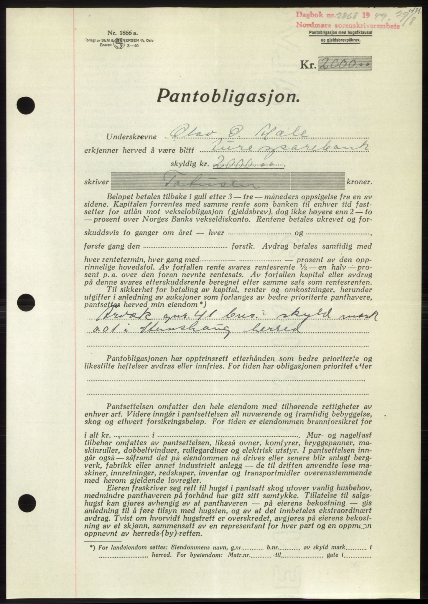 Nordmøre sorenskriveri, AV/SAT-A-4132/1/2/2Ca: Pantebok nr. B102, 1949-1949, Dagboknr: 2368/1949