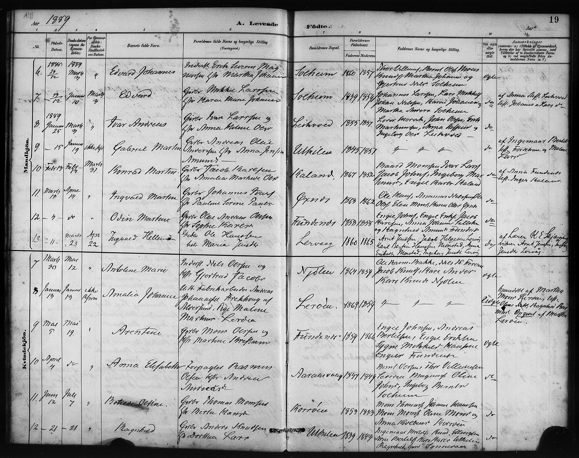 Lindås Sokneprestembete, AV/SAB-A-76701/H/Haa/Haac/L0001: Ministerialbok nr. C 1, 1886-1896, s. 19
