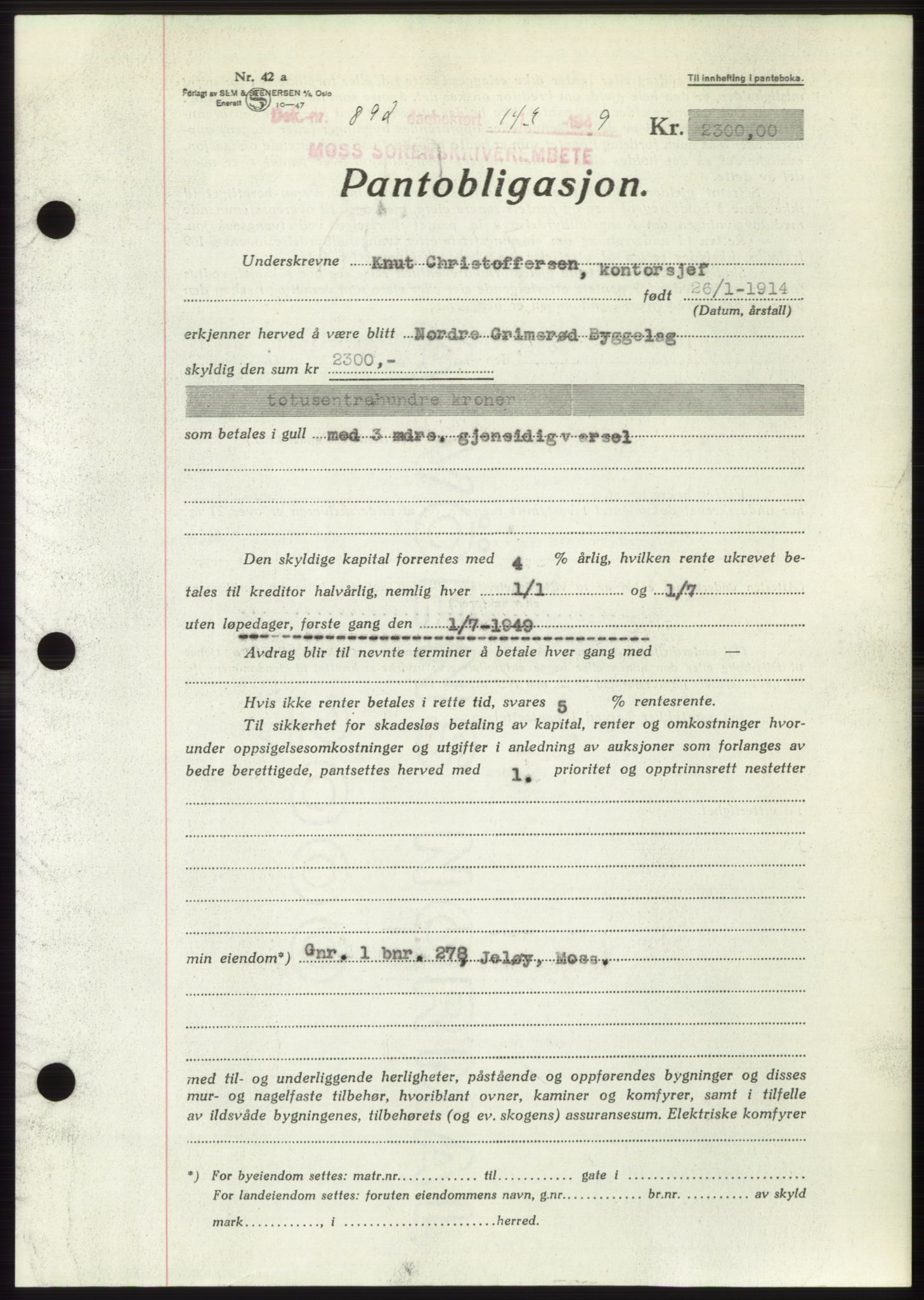 Moss sorenskriveri, SAO/A-10168: Pantebok nr. B21, 1949-1949, Dagboknr: 892/1949