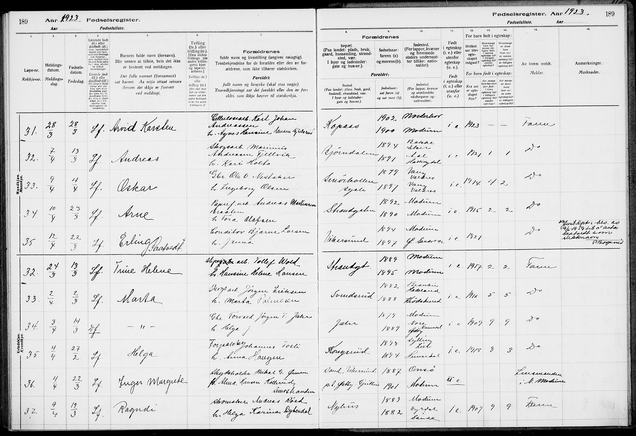 Modum kirkebøker, AV/SAKO-A-234/J/Ja/L0001: Fødselsregister nr. I 1, 1916-1923, s. 189