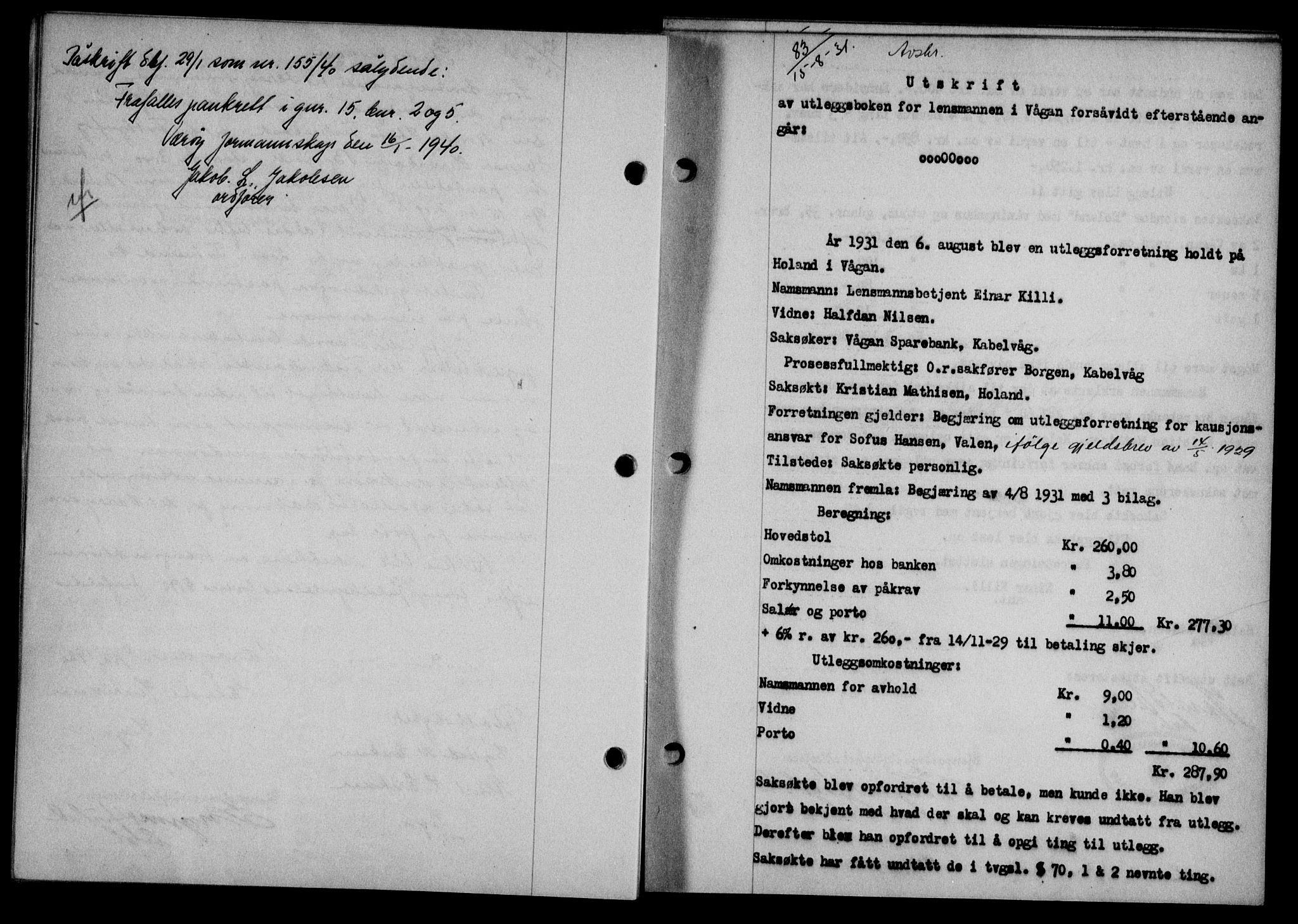 Lofoten sorenskriveri, SAT/A-0017/1/2/2C/L0024b: Pantebok nr. 24b, 1931-1931, Tingl.dato: 01.09.1931