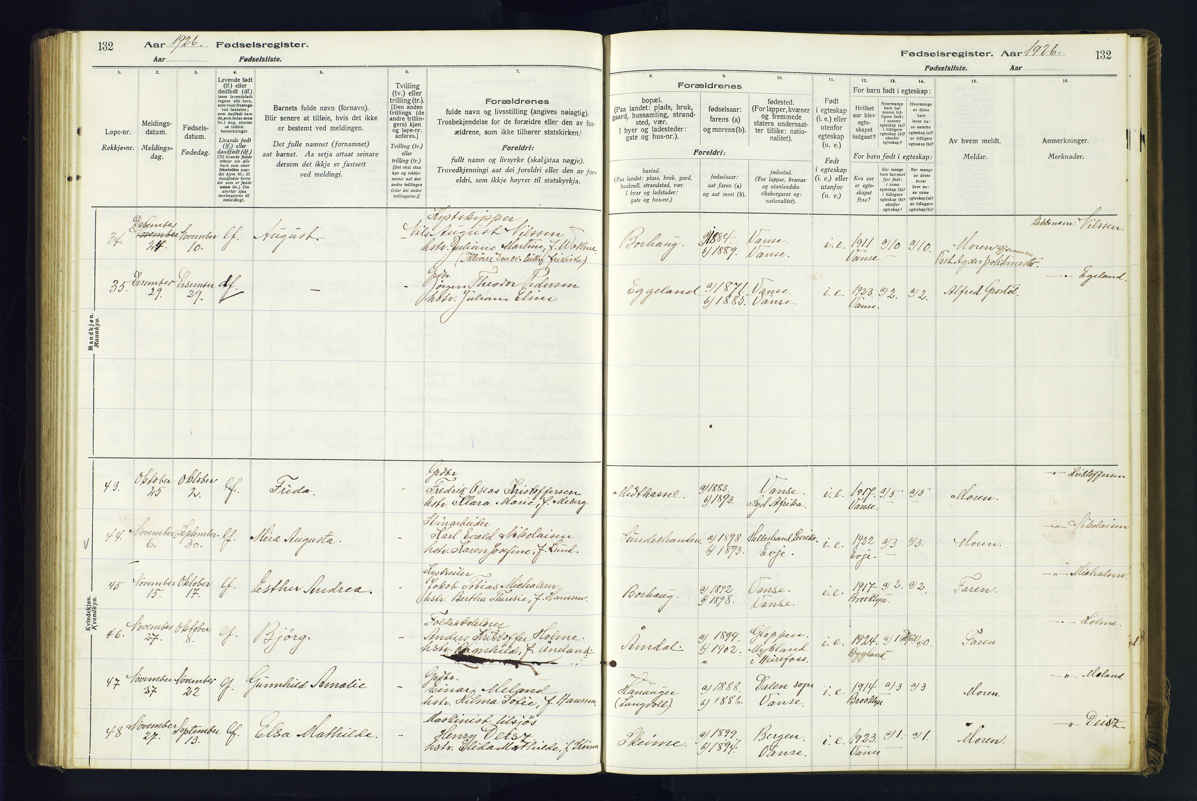 Lista sokneprestkontor, AV/SAK-1111-0027/J/Ja/L0001: Fødselsregister nr. A-VI-30, 1916-1934, s. 132