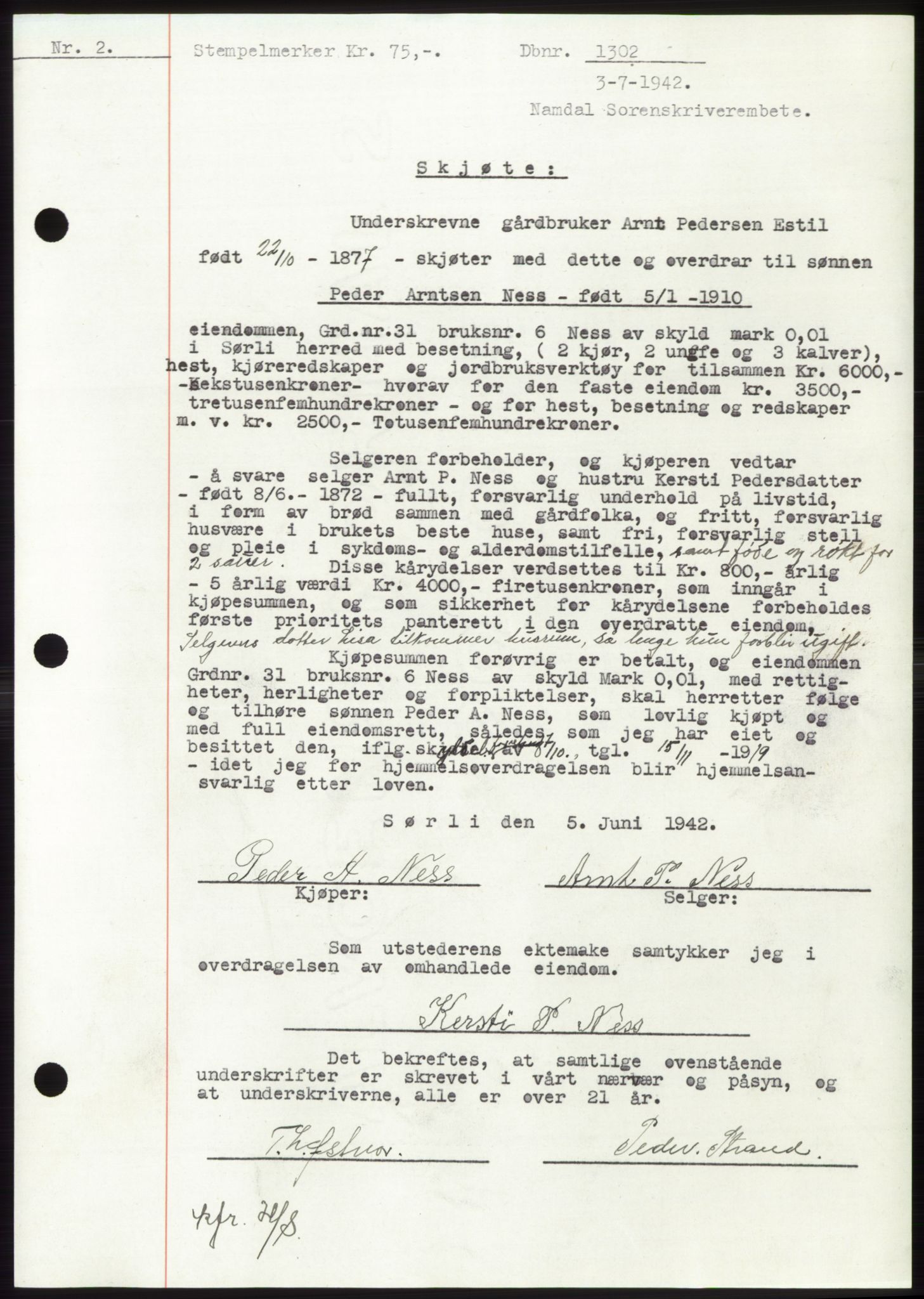 Namdal sorenskriveri, SAT/A-4133/1/2/2C: Pantebok nr. -, 1942-1943, Dagboknr: 1302/1942