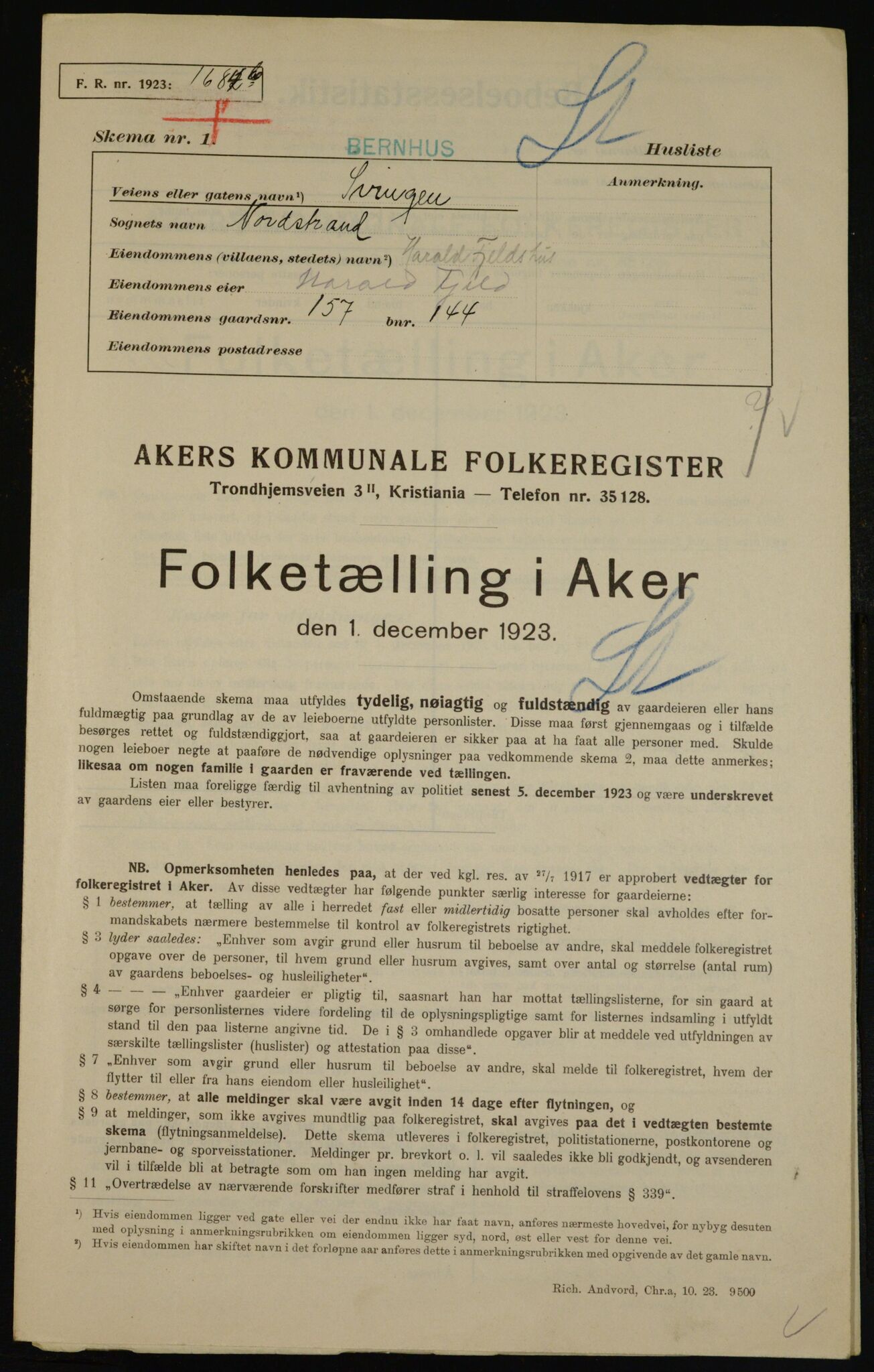 , Kommunal folketelling 1.12.1923 for Aker, 1923, s. 46216