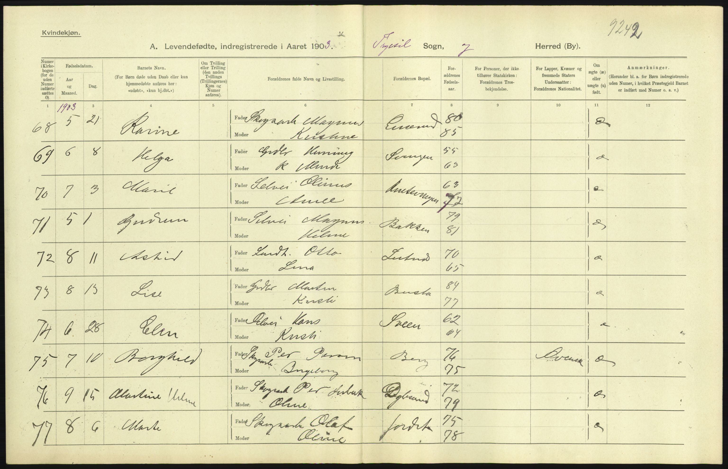 Statistisk sentralbyrå, Sosiodemografiske emner, Befolkning, AV/RA-S-2228/D/Df/Dfa/Dfaa/L0005: Hedemarkens amt: Fødte, gifte, døde, 1903, s. 9