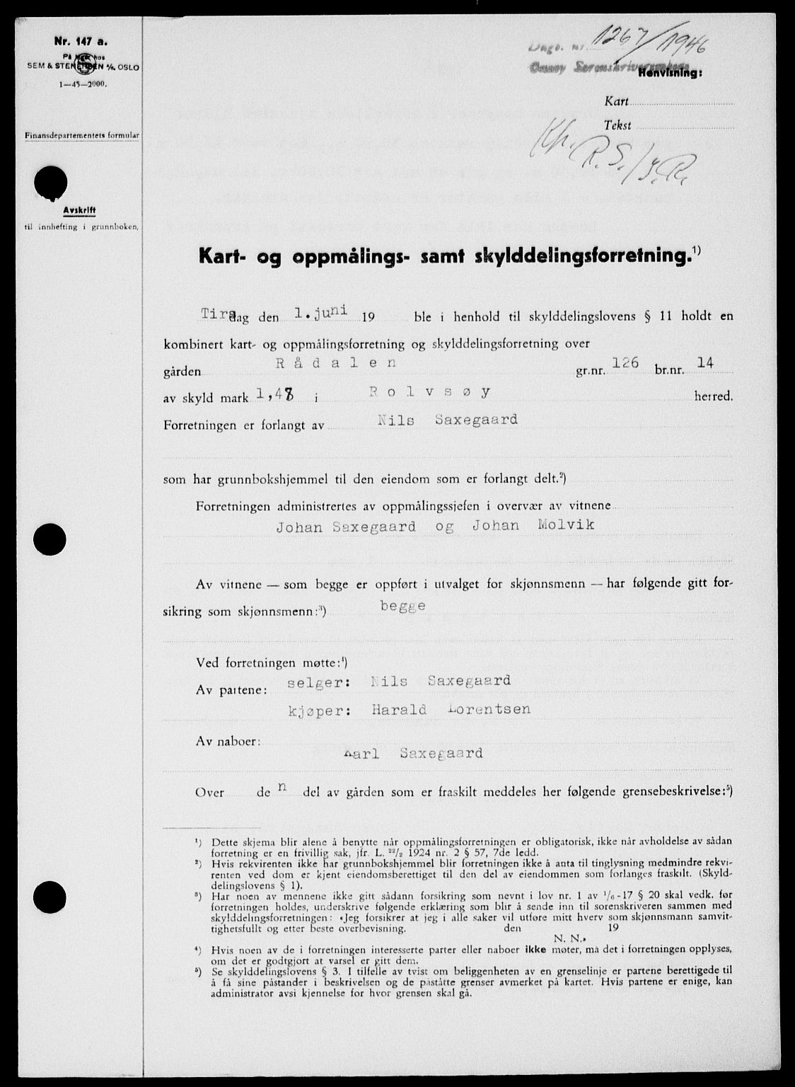 Onsøy sorenskriveri, SAO/A-10474/G/Ga/Gab/L0016: Pantebok nr. II A-16, 1946-1946, Dagboknr: 1267/1946