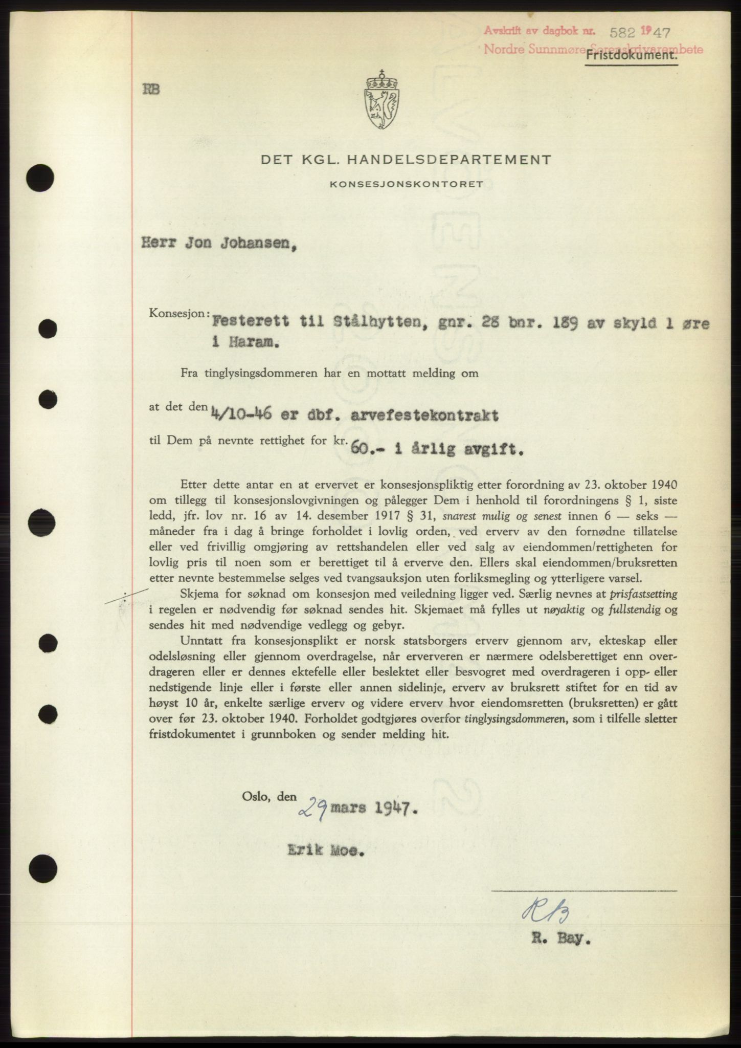 Nordre Sunnmøre sorenskriveri, SAT/A-0006/1/2/2C/2Ca: Pantebok nr. B6-14 b, 1946-1947, Dagboknr: 582/1947