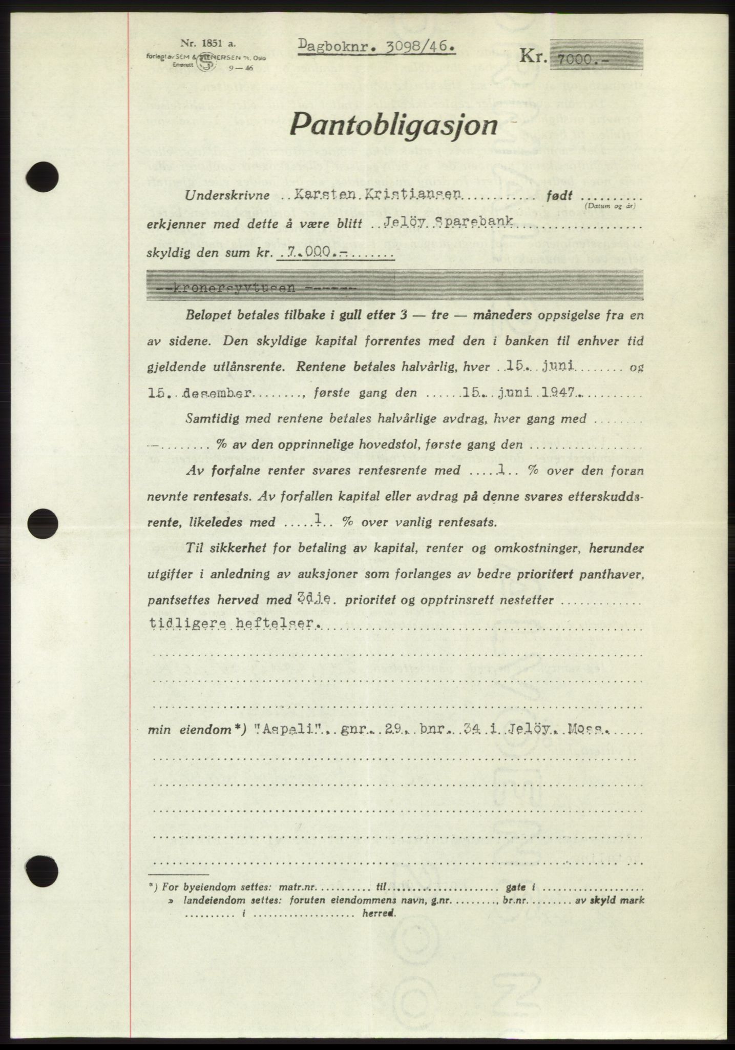 Moss sorenskriveri, SAO/A-10168: Pantebok nr. B16, 1946-1947, Dagboknr: 3098/1946