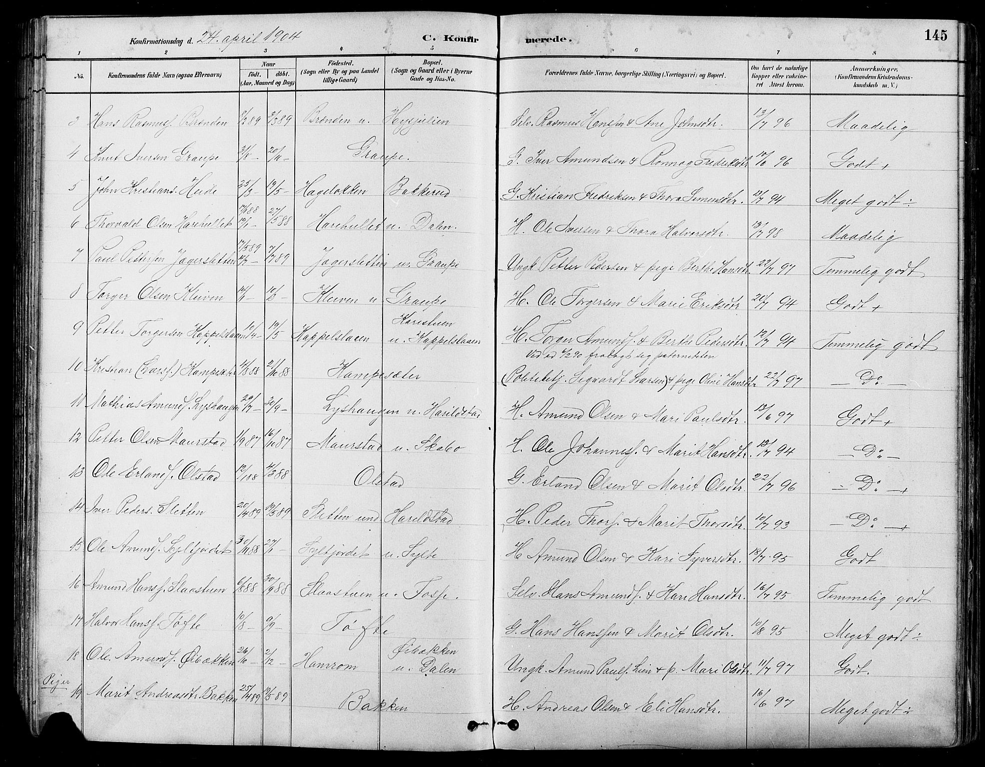 Nord-Fron prestekontor, AV/SAH-PREST-080/H/Ha/Hab/L0005: Klokkerbok nr. 5, 1884-1914, s. 145