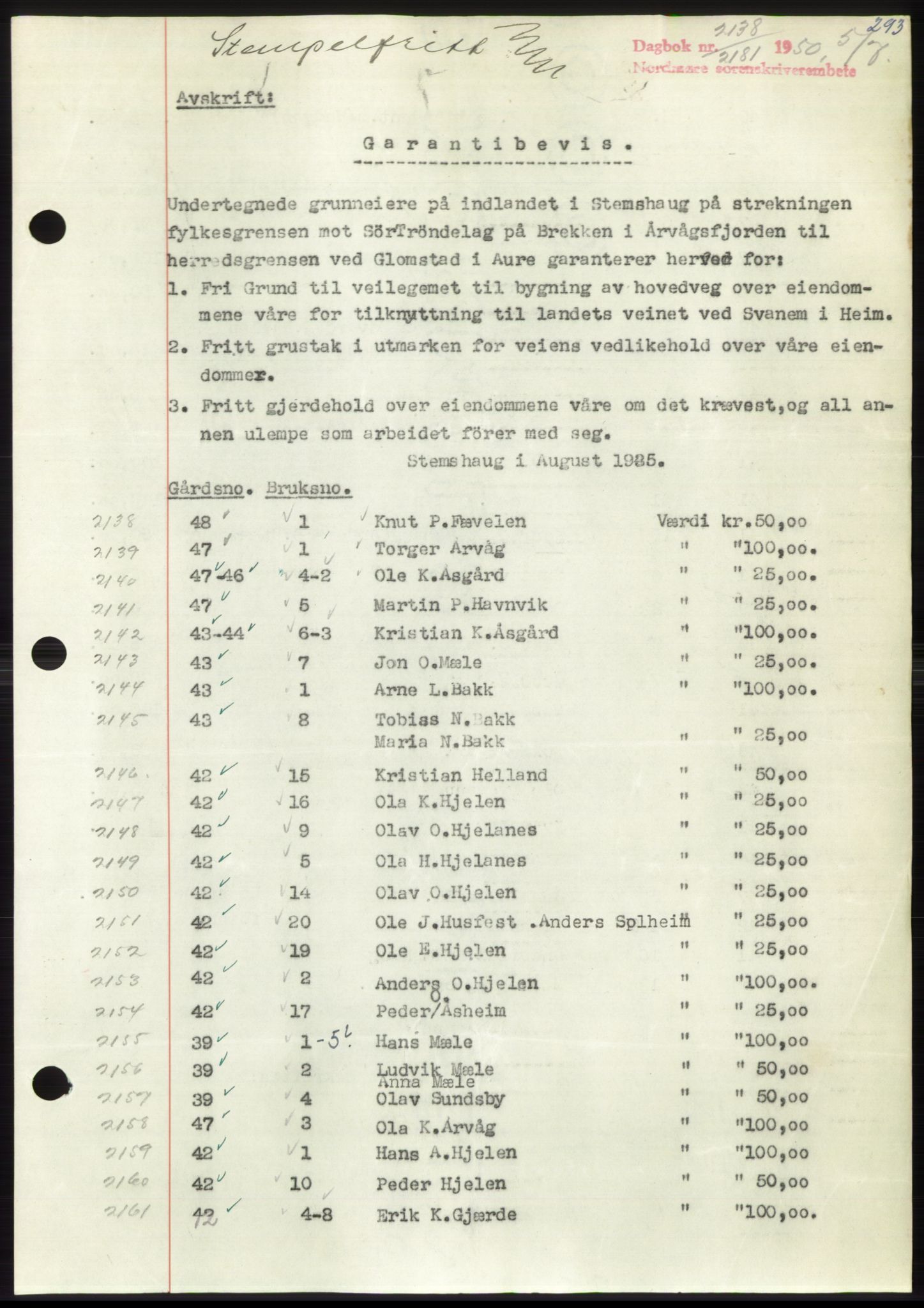 Nordmøre sorenskriveri, AV/SAT-A-4132/1/2/2Ca: Pantebok nr. B105, 1950-1950, Dagboknr: 2138/1950