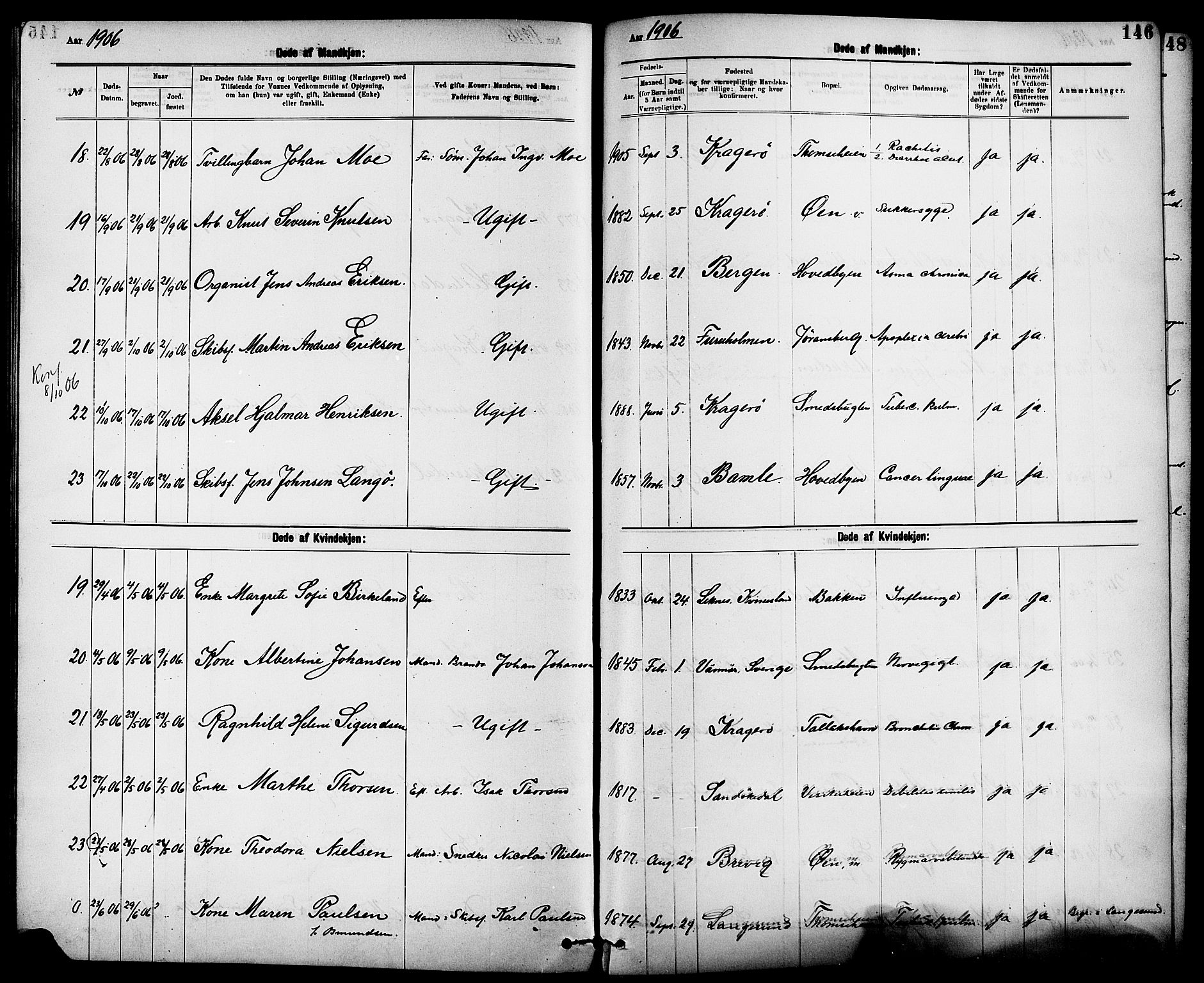 Kragerø kirkebøker, AV/SAKO-A-278/G/Ga/L0008: Klokkerbok nr. 8, 1881-1914, s. 146