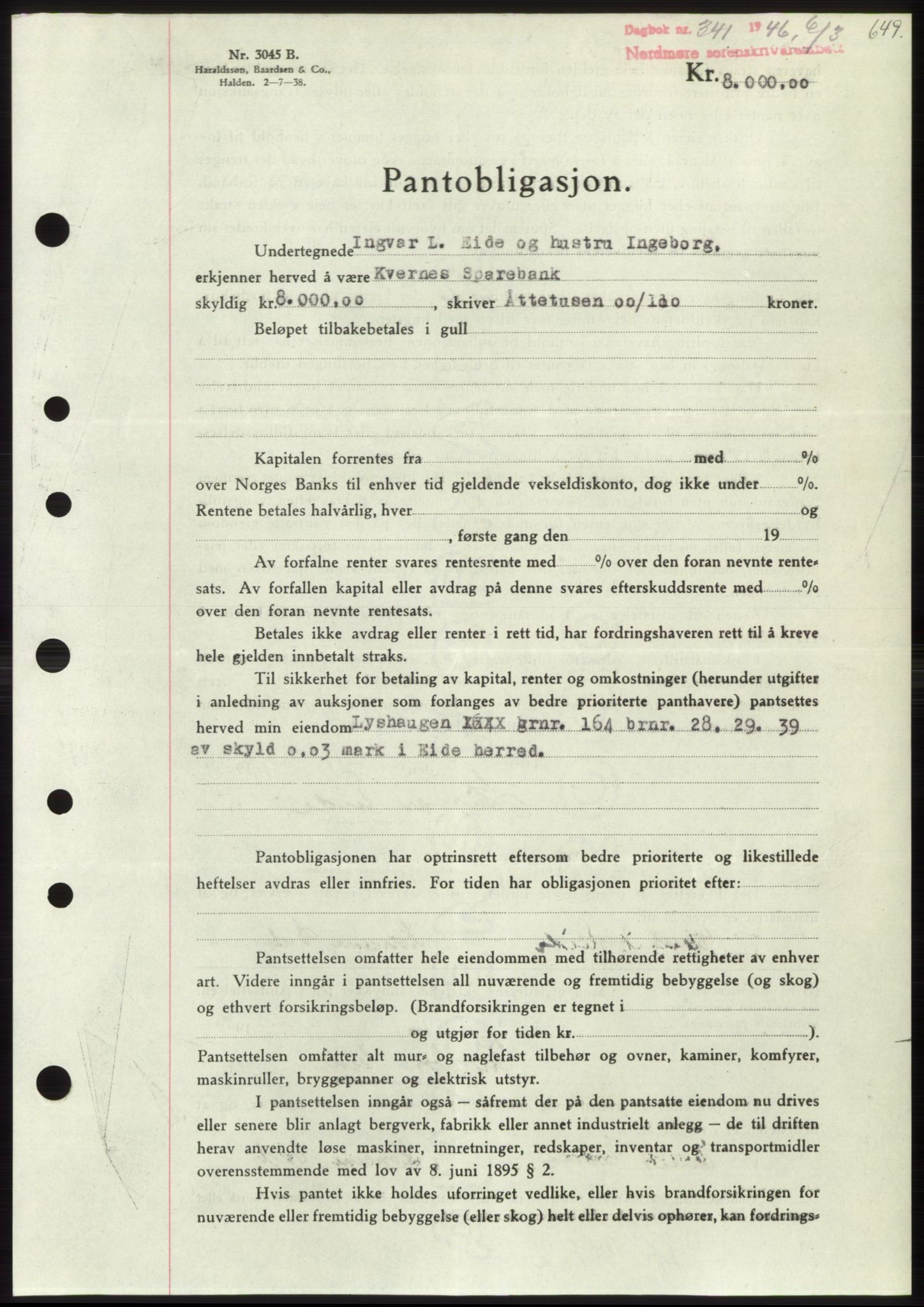 Nordmøre sorenskriveri, SAT/A-4132/1/2/2Ca: Pantebok nr. B93b, 1946-1946, Dagboknr: 341/1946