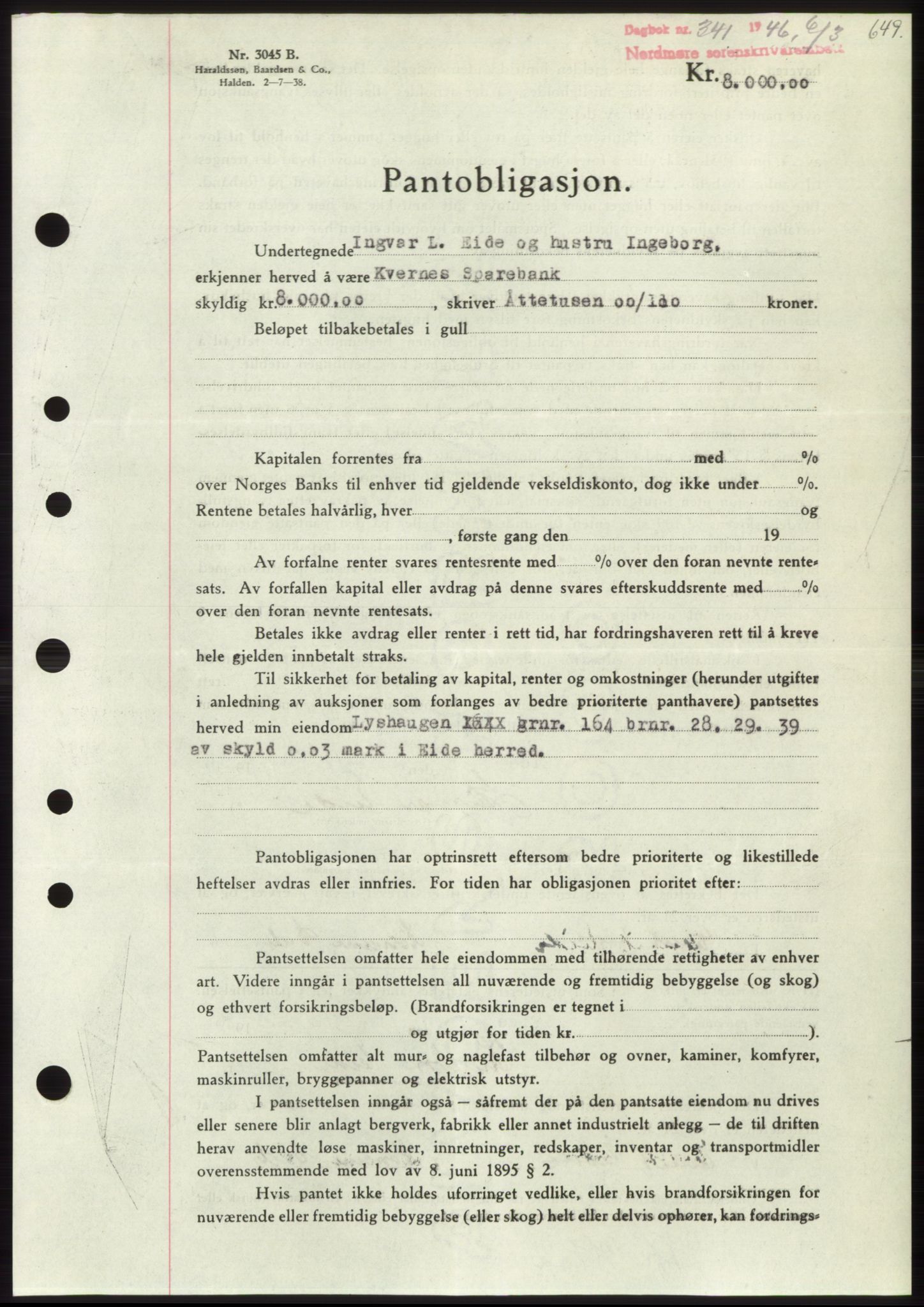 Nordmøre sorenskriveri, AV/SAT-A-4132/1/2/2Ca: Pantebok nr. B93b, 1946-1946, Dagboknr: 341/1946