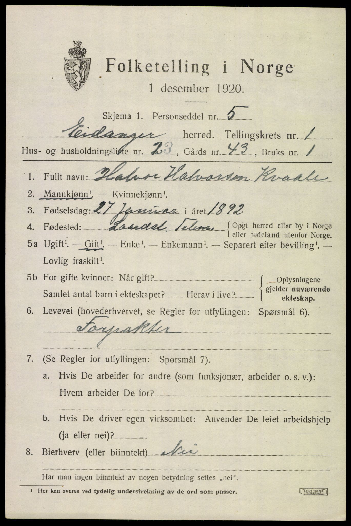 SAKO, Folketelling 1920 for 0813 Eidanger herred, 1920, s. 1894