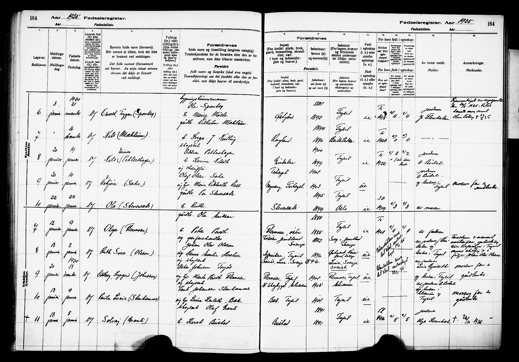 Trysil prestekontor, AV/SAH-PREST-046/I/Id/Ida/L0001: Fødselsregister nr. I 1, 1916-1927, s. 164