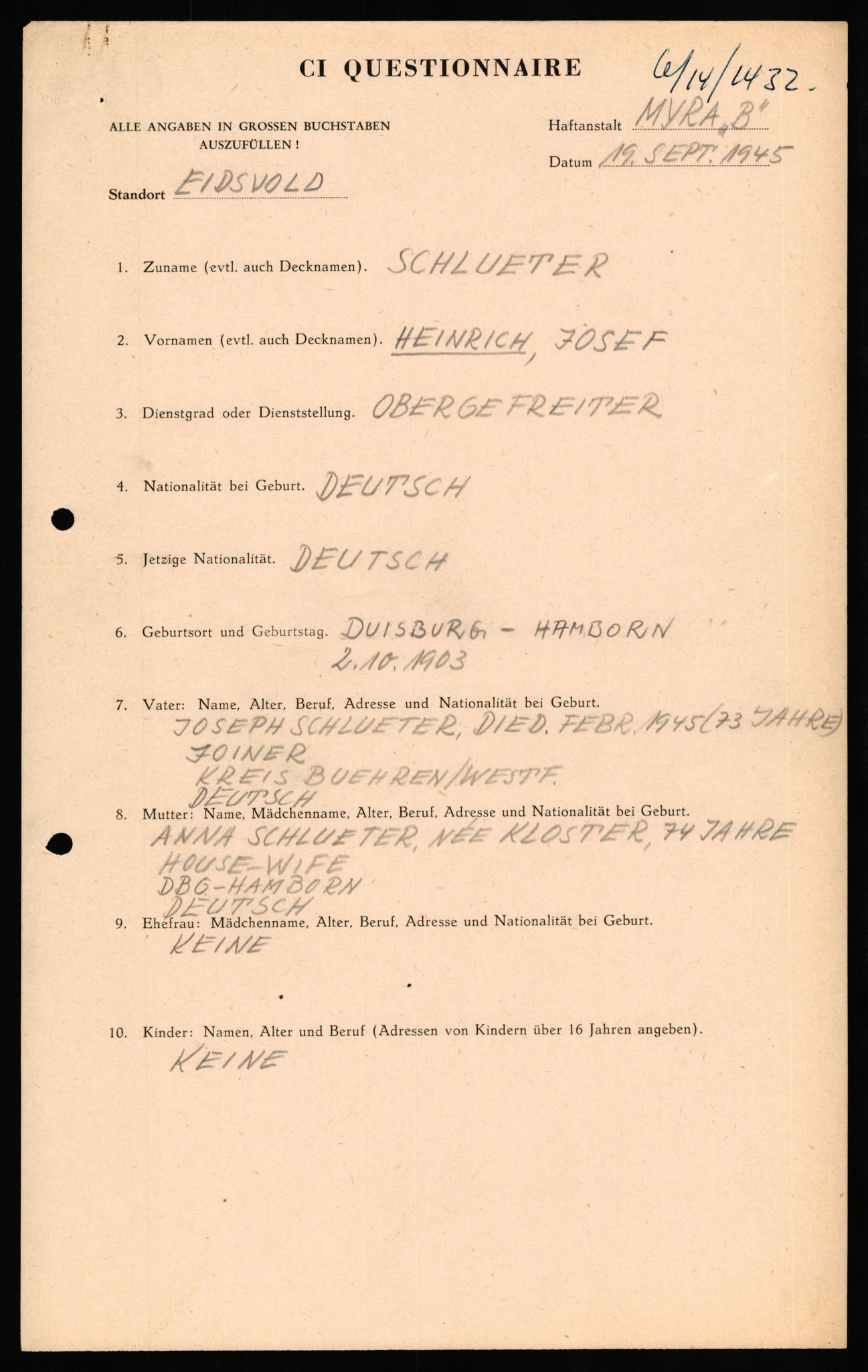 Forsvaret, Forsvarets overkommando II, RA/RAFA-3915/D/Db/L0029: CI Questionaires. Tyske okkupasjonsstyrker i Norge. Tyskere., 1945-1946, s. 295