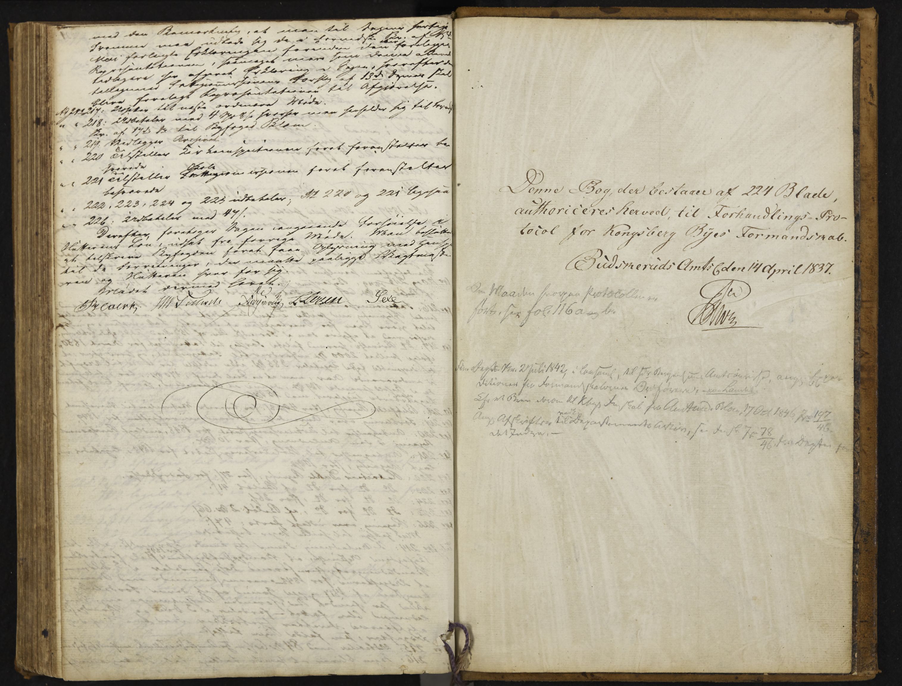 Kongsberg formannskap og sentraladministrasjon, IKAK/0604021-1/A/L0001: Møtebok med register, 1837-1849