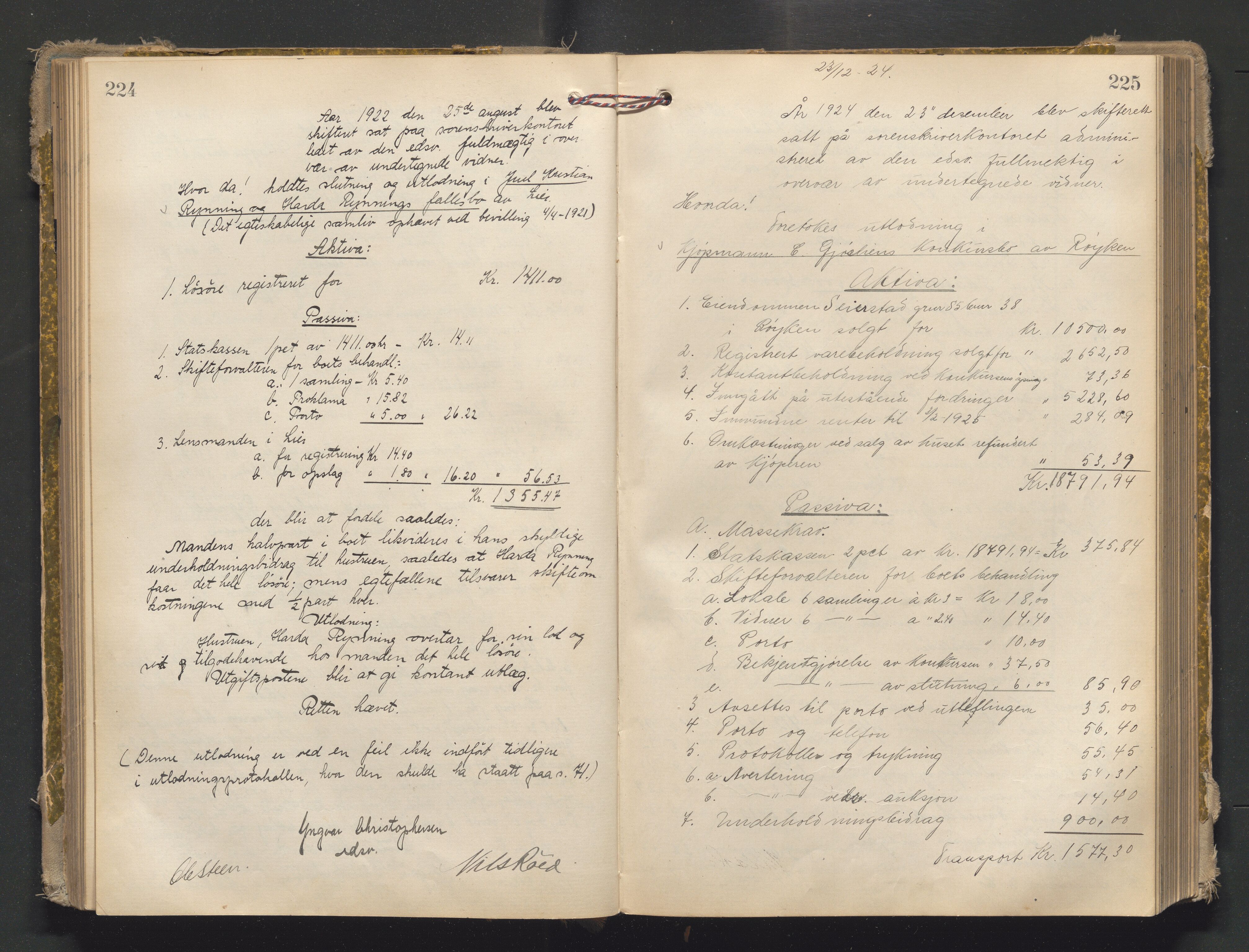 Lier, Røyken og Hurum sorenskriveri, AV/SAKO-A-89/H/He/L0004: Skifteutlodningsprotokoll, 1921-1932, s. 224-225