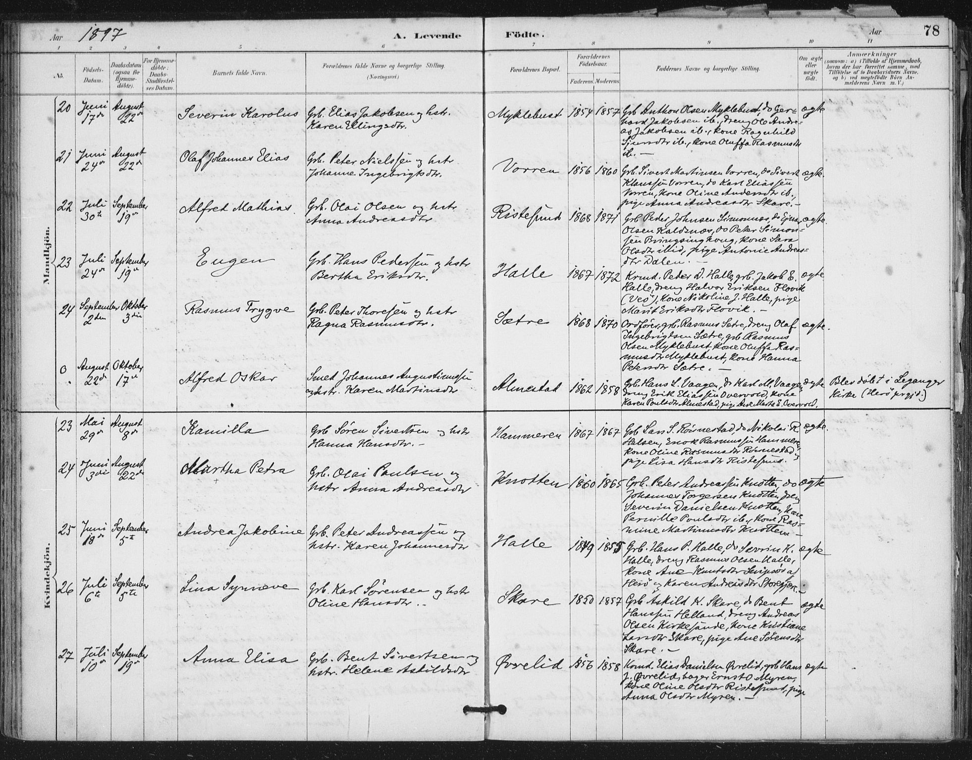 Ministerialprotokoller, klokkerbøker og fødselsregistre - Møre og Romsdal, AV/SAT-A-1454/503/L0037: Ministerialbok nr. 503A05, 1884-1900, s. 78