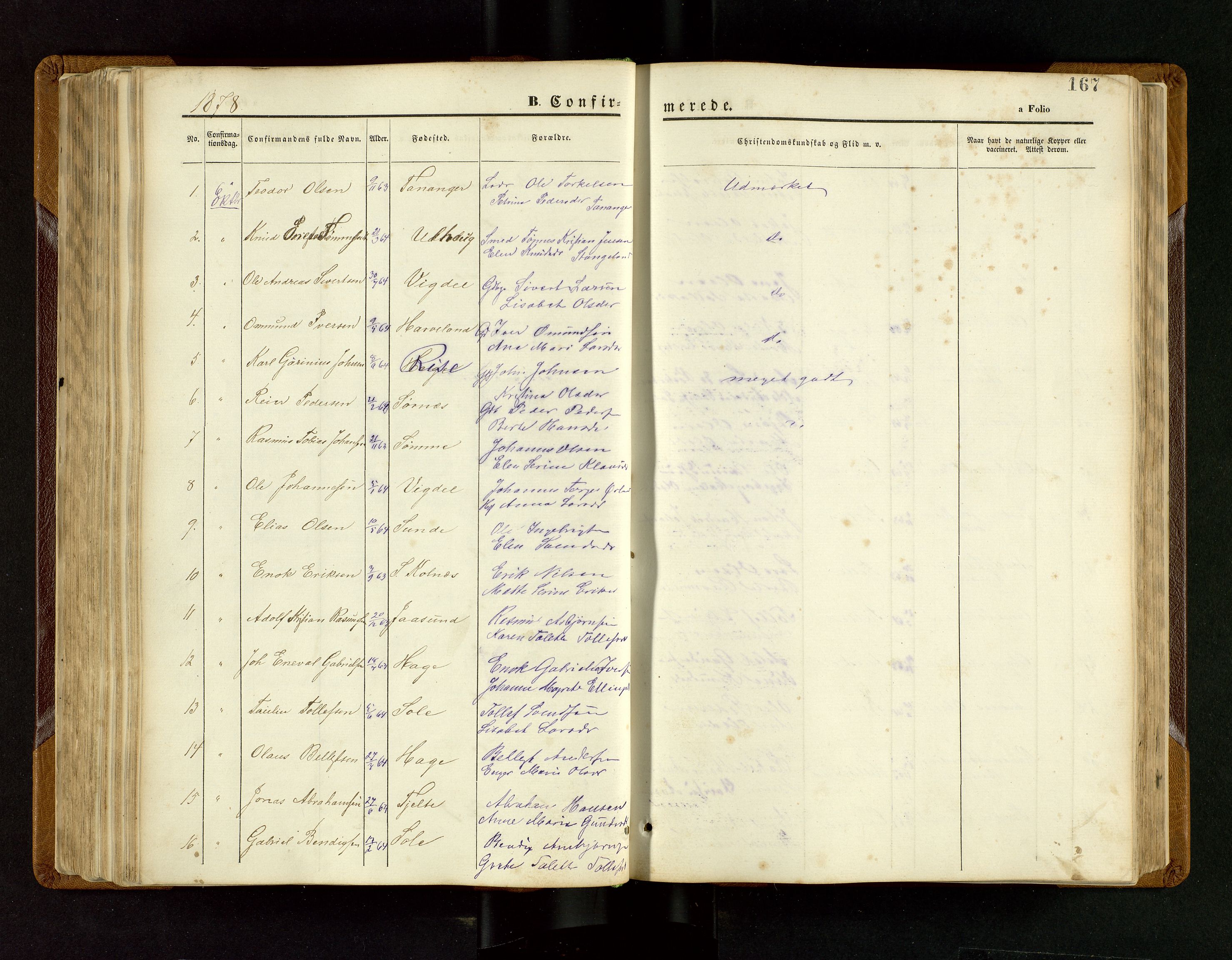Håland sokneprestkontor, AV/SAST-A-101802/001/30BB/L0003: Klokkerbok nr. B 3, 1873-1893, s. 167
