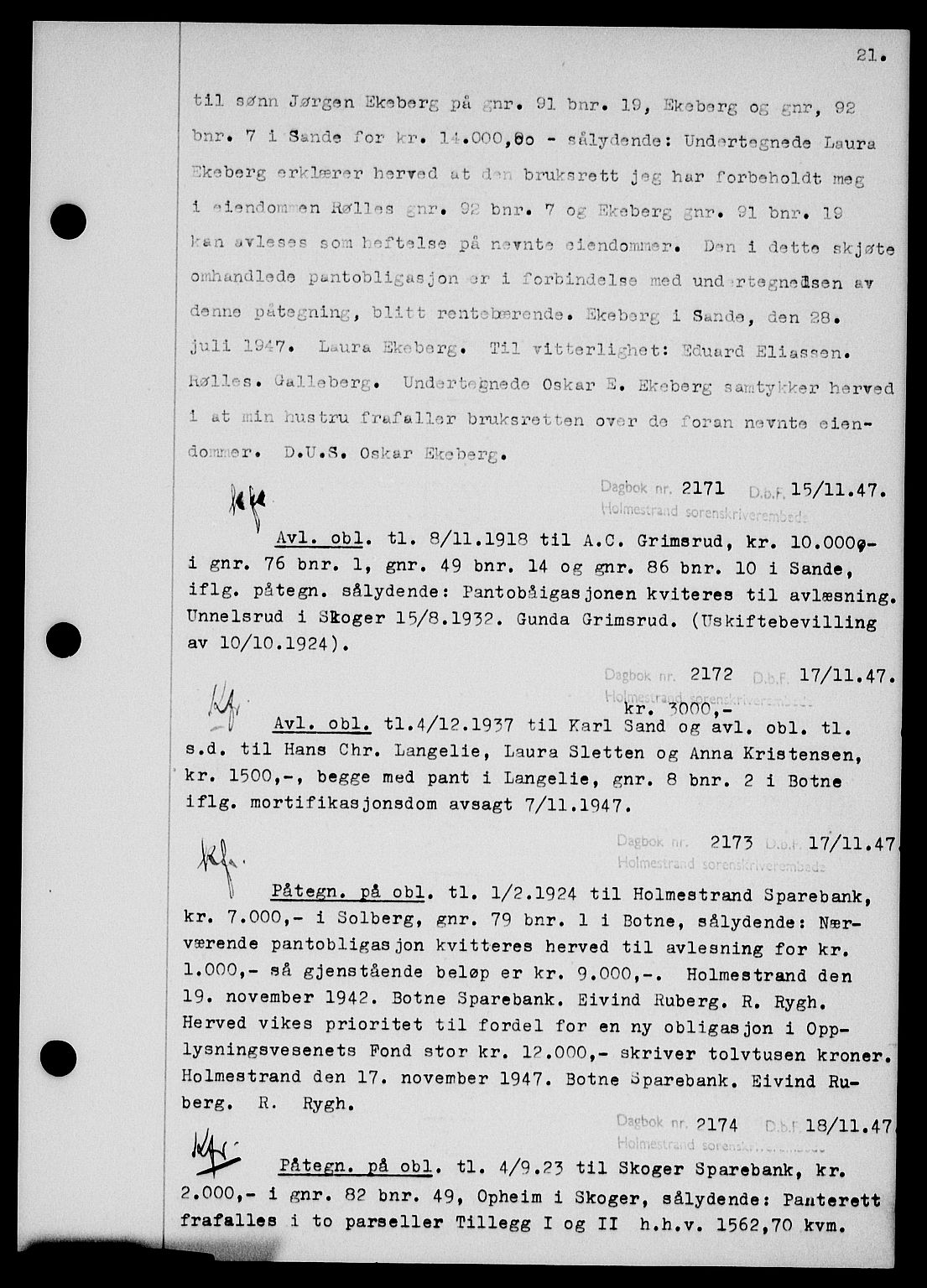 Holmestrand sorenskriveri, SAKO/A-67/G/Ga/Gab/L0058: Pantebok nr. B-58, 1947-1948, s. 21, Dagboknr: 2171/1947