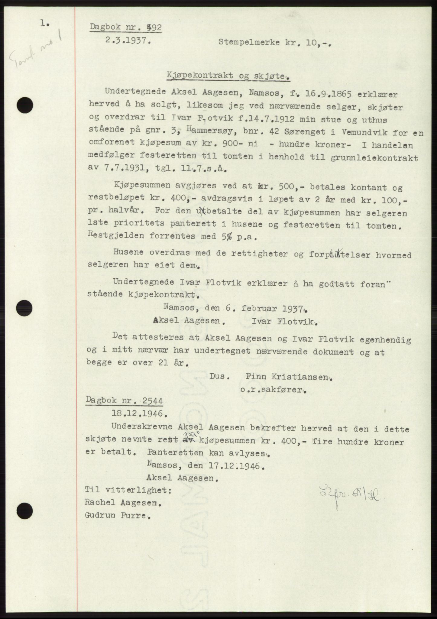 Namdal sorenskriveri, SAT/A-4133/1/2/2C: Pantebok nr. -, 1937-1939, Tingl.dato: 02.03.1937
