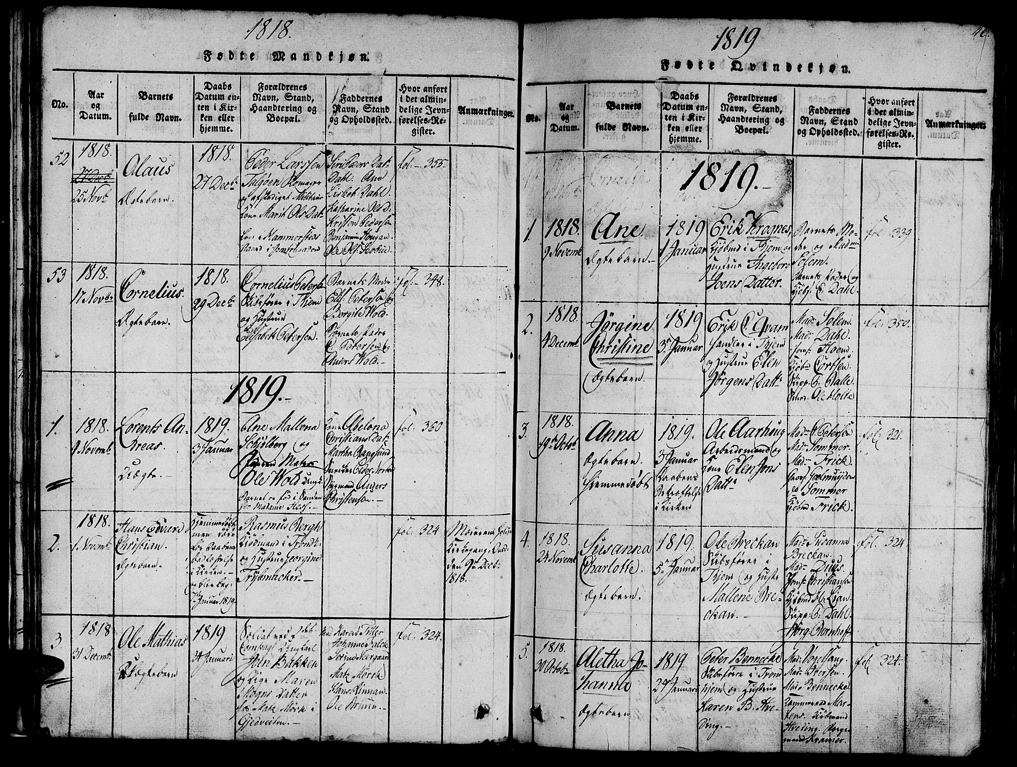 Ministerialprotokoller, klokkerbøker og fødselsregistre - Sør-Trøndelag, SAT/A-1456/602/L0135: Klokkerbok nr. 602C03, 1815-1832, s. 46