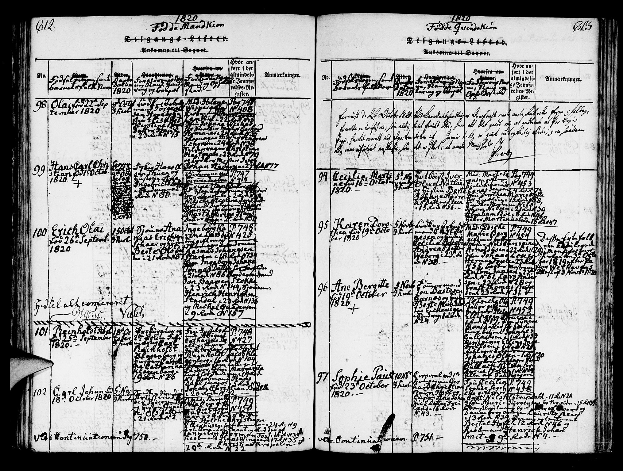 Korskirken sokneprestembete, AV/SAB-A-76101/H/Hab: Klokkerbok nr. A 1b, 1815-1821, s. 612-613