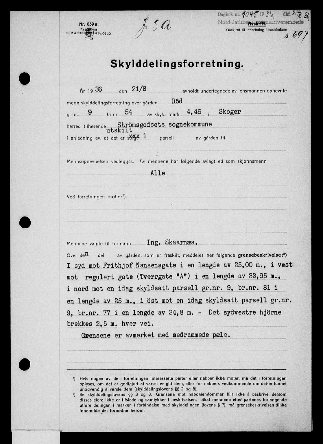 Holmestrand sorenskriveri, SAKO/A-67/G/Ga/Gaa/L0047: Pantebok nr. A-47, 1936-1936, Dagboknr: 1045/1936