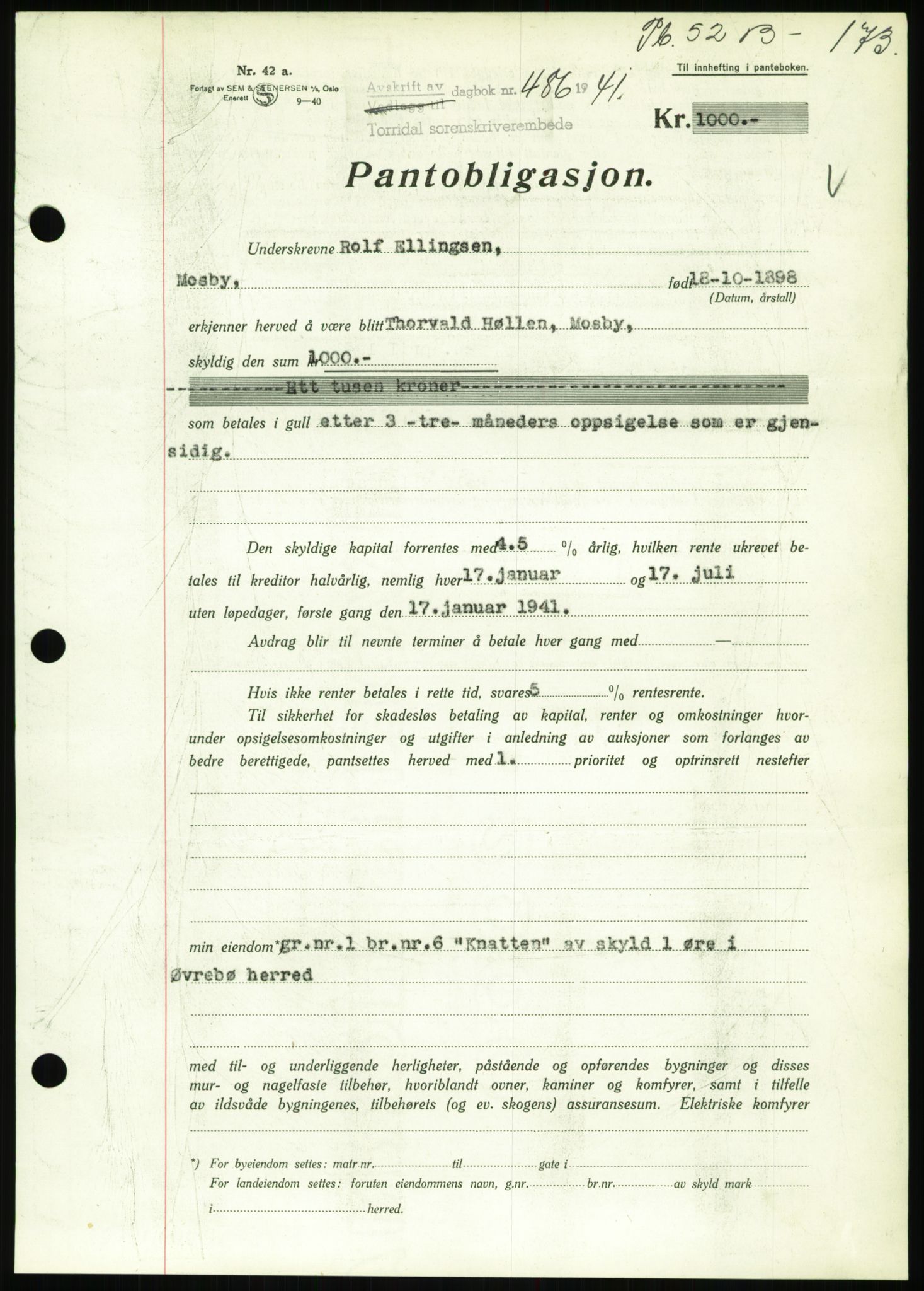 Torridal sorenskriveri, SAK/1221-0012/G/Gb/Gbb/L0008: Pantebok nr. 52b, 1940-1942, Dagboknr: 486/1941