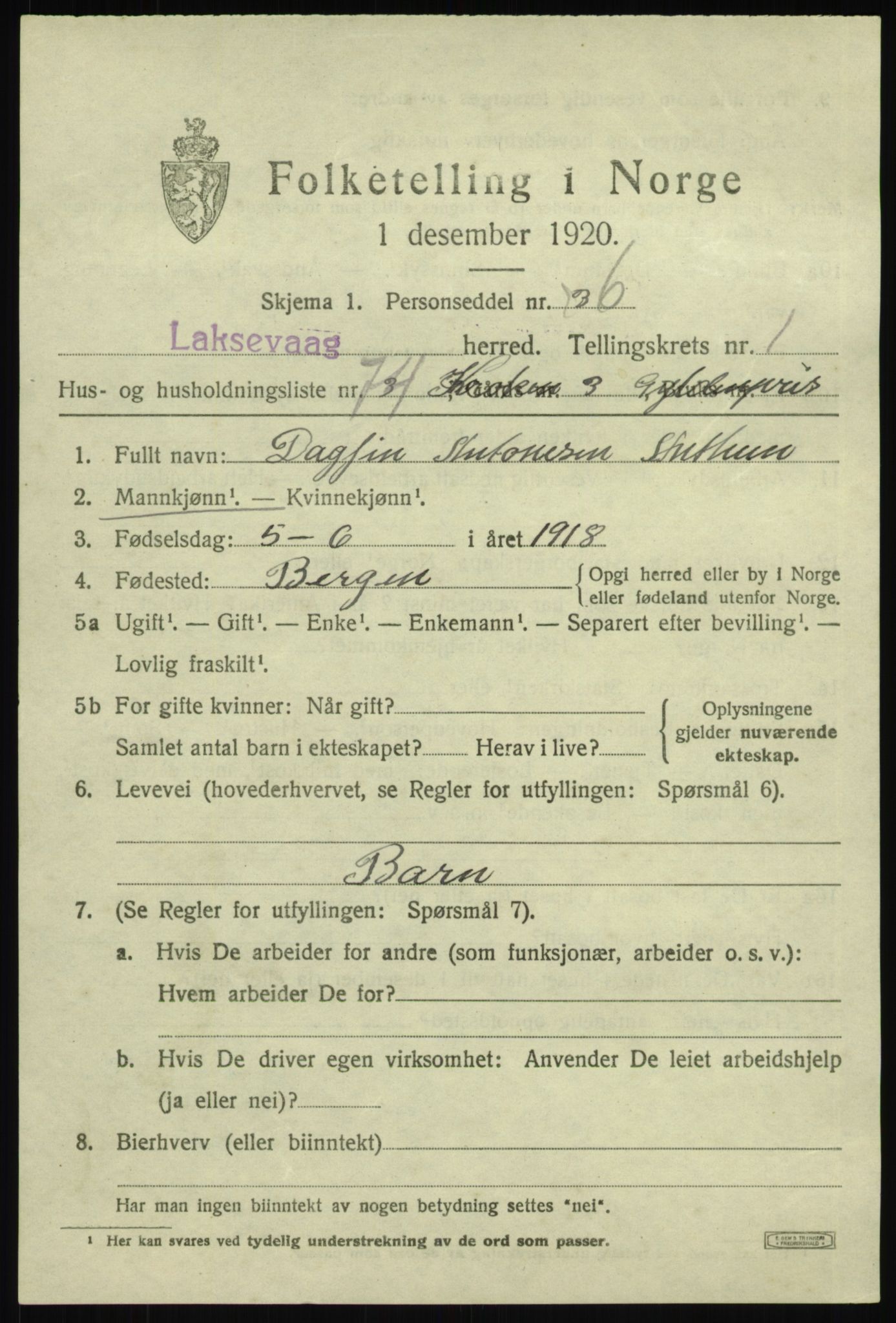SAB, Folketelling 1920 for 1248 Laksevåg herred, 1920, s. 5096