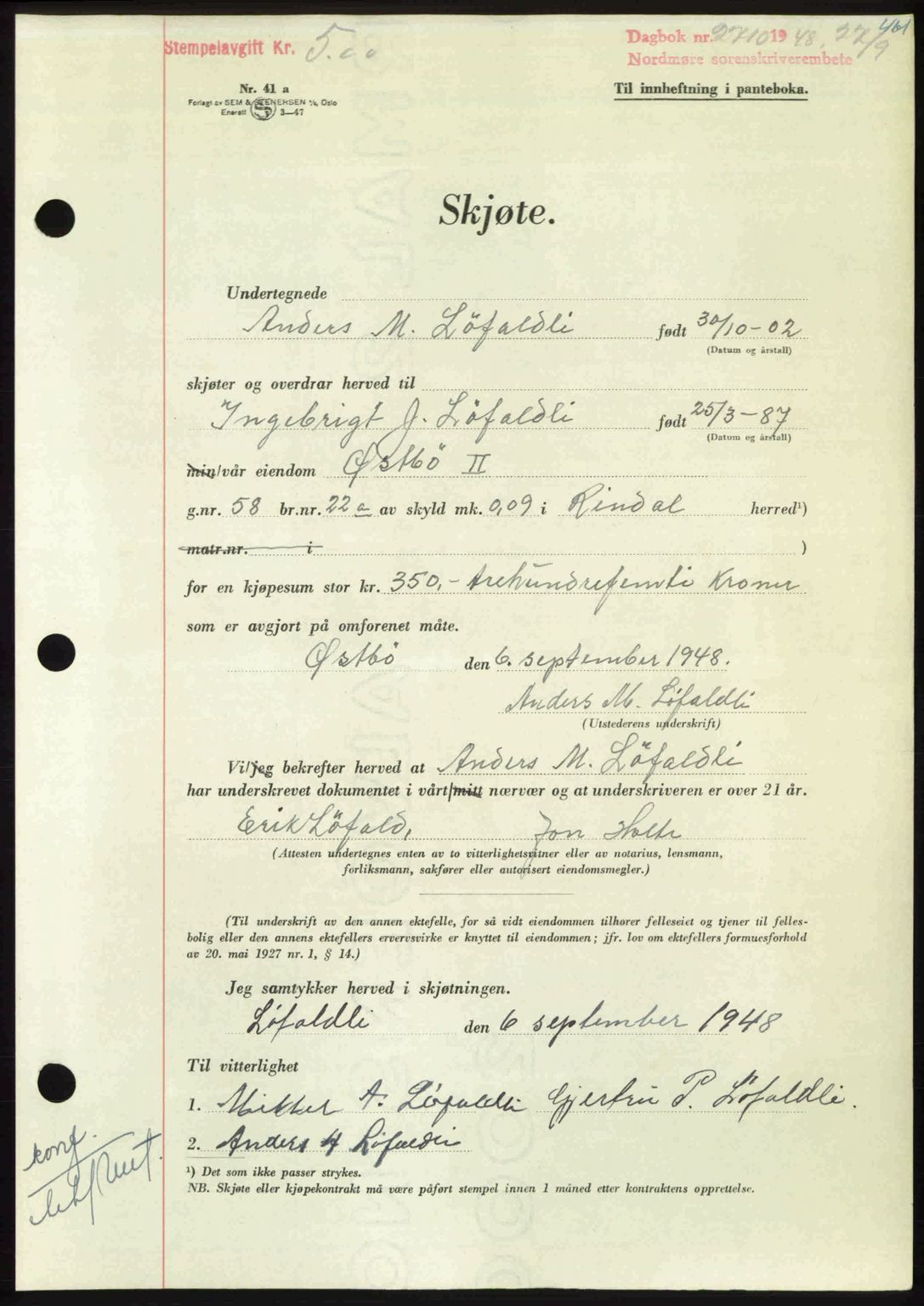 Nordmøre sorenskriveri, AV/SAT-A-4132/1/2/2Ca: Pantebok nr. A109, 1948-1948, Dagboknr: 2710/1948