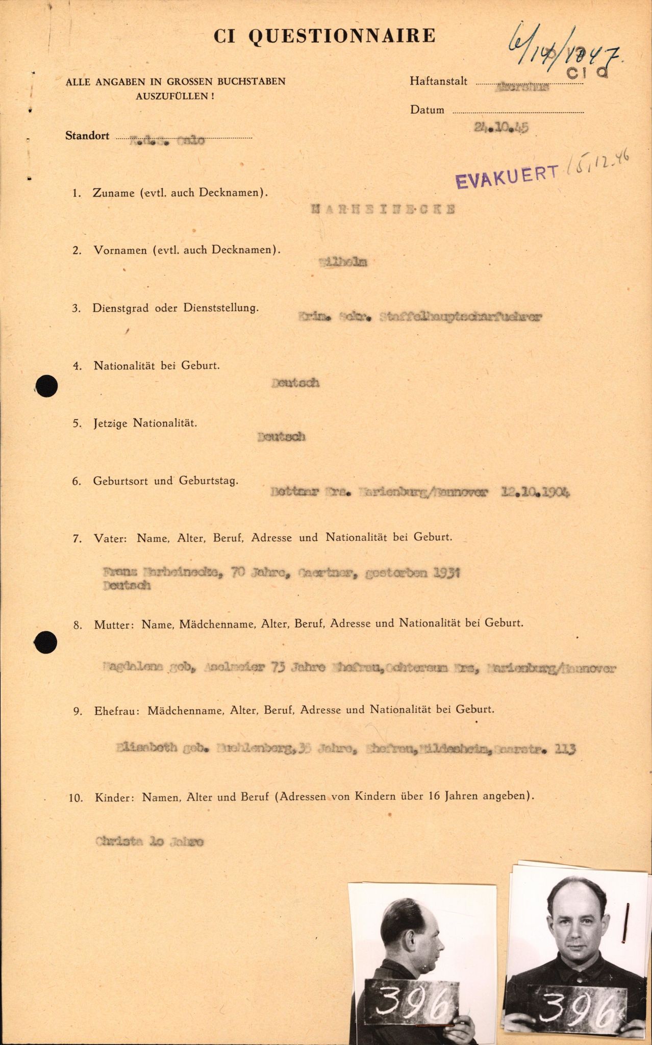 Forsvaret, Forsvarets overkommando II, AV/RA-RAFA-3915/D/Db/L0021: CI Questionaires. Tyske okkupasjonsstyrker i Norge. Tyskere., 1945-1946, s. 149