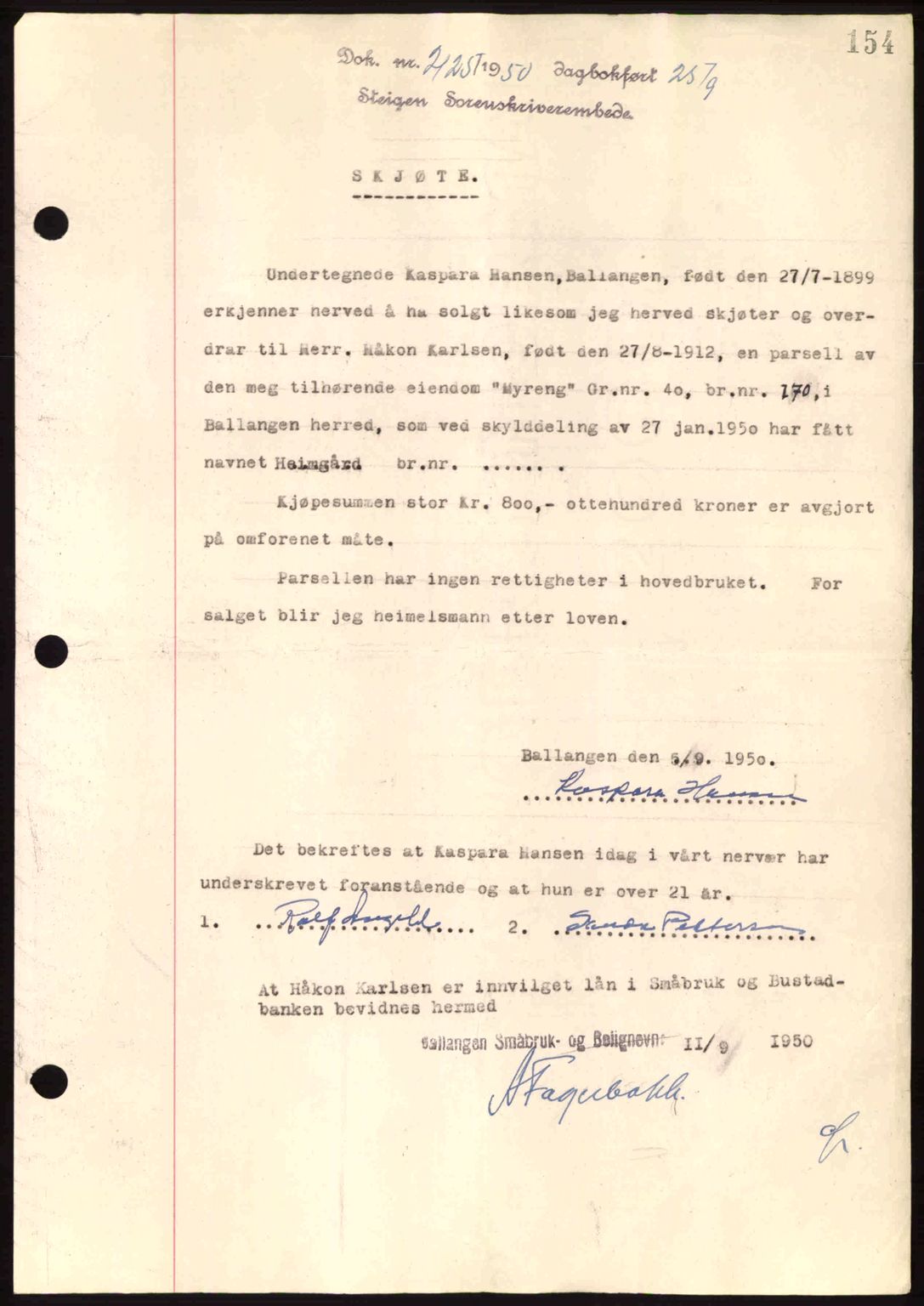 Steigen og Ofoten sorenskriveri, SAT/A-0030/1/2/2C: Pantebok nr. A21, 1950-1950, Dagboknr: 2125/1950
