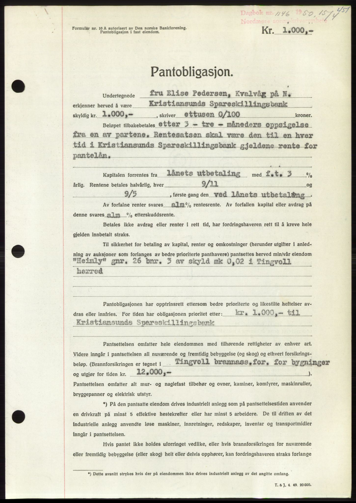 Nordmøre sorenskriveri, SAT/A-4132/1/2/2Ca: Pantebok nr. B104, 1950-1950, Dagboknr: 1146/1950
