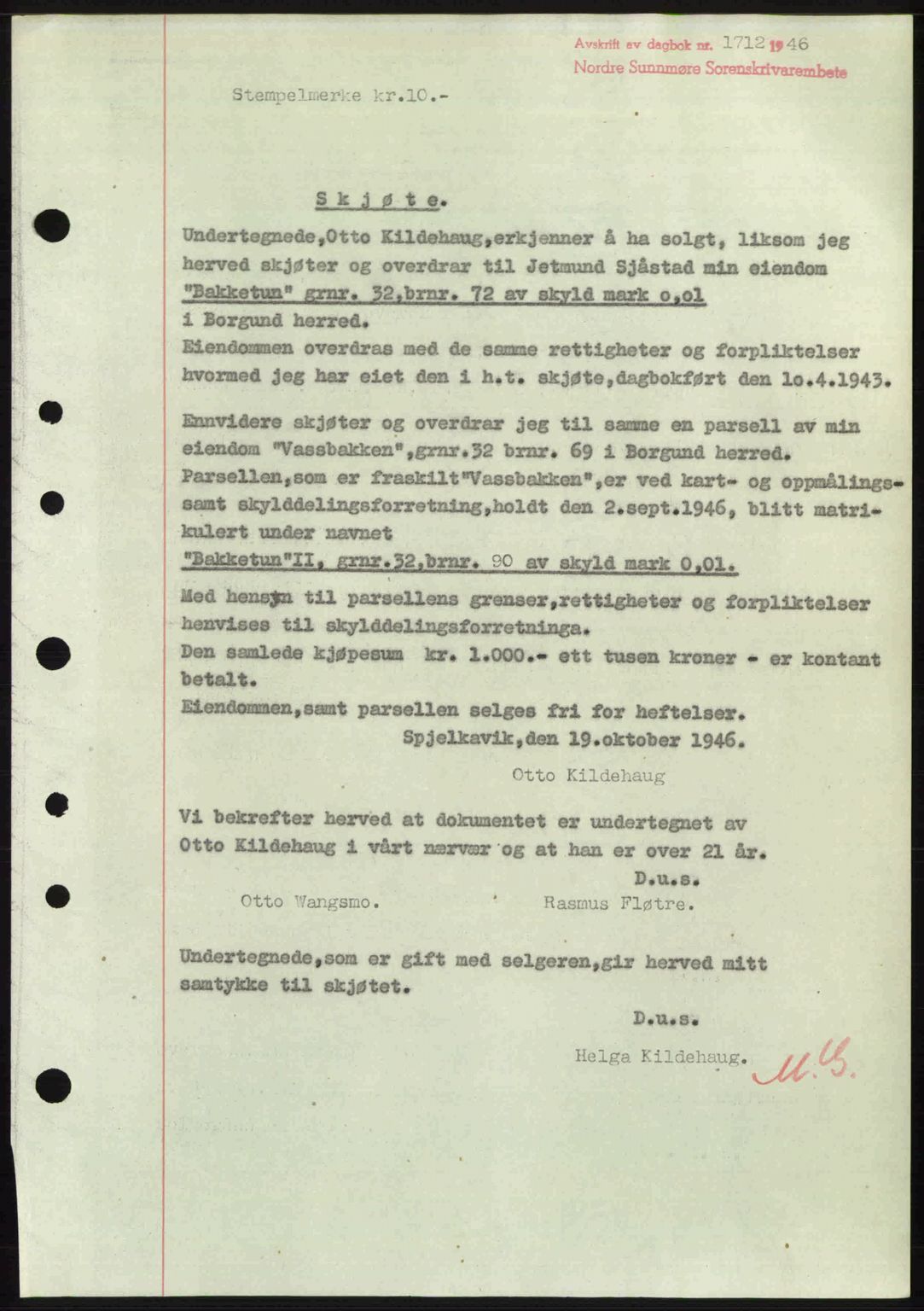 Nordre Sunnmøre sorenskriveri, SAT/A-0006/1/2/2C/2Ca: Pantebok nr. A22, 1946-1946, Dagboknr: 1712/1946