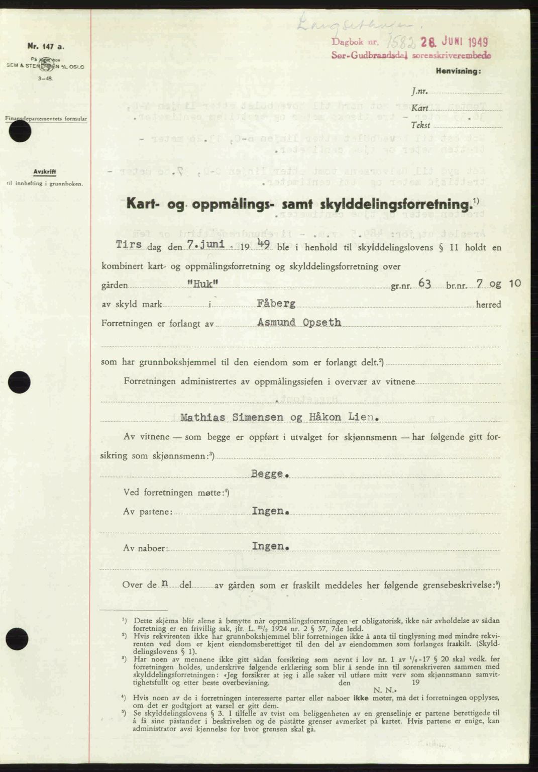 Sør-Gudbrandsdal tingrett, SAH/TING-004/H/Hb/Hbd/L0025: Pantebok nr. A25, 1949-1949, Dagboknr: 1582/1949
