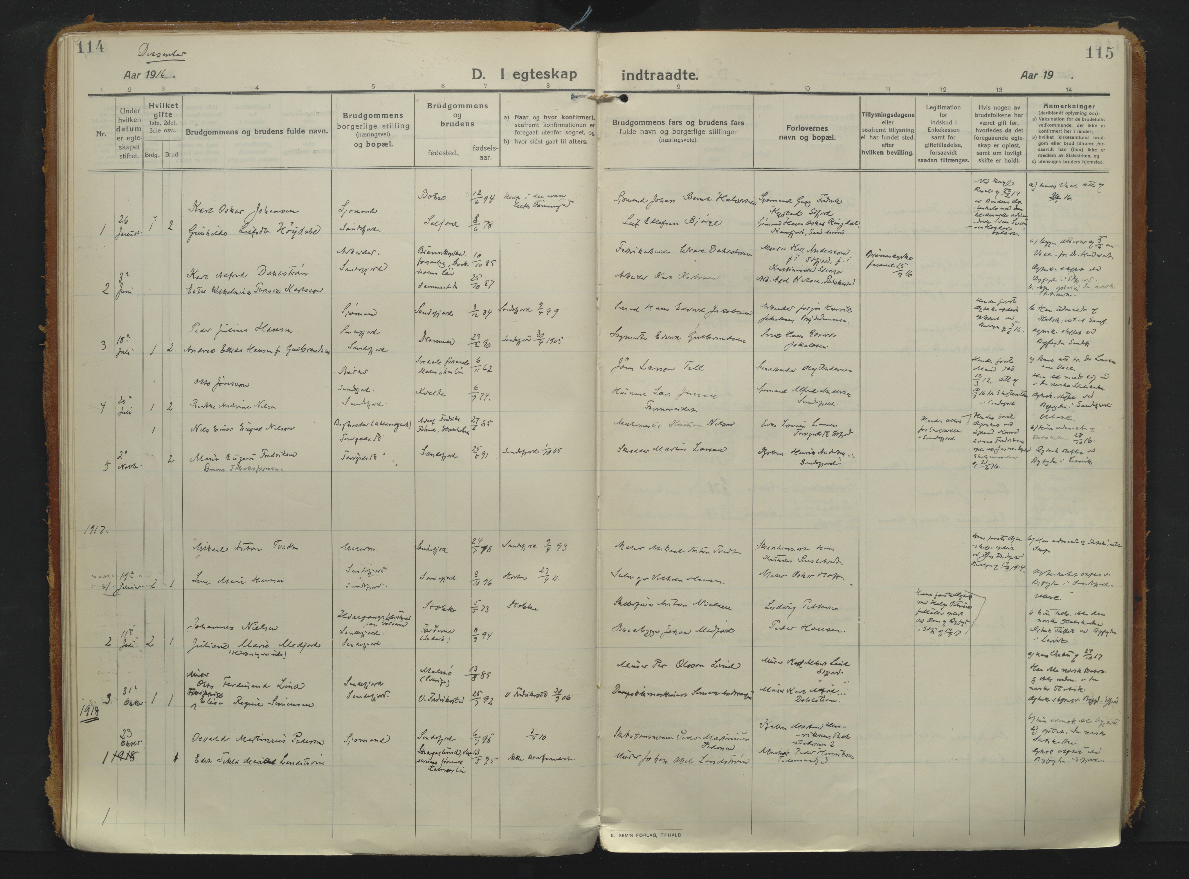 Sandefjord kirkebøker, AV/SAKO-A-315/F/Fa/L0008: Ministerialbok nr. 8, 1916-1926, s. 114-115