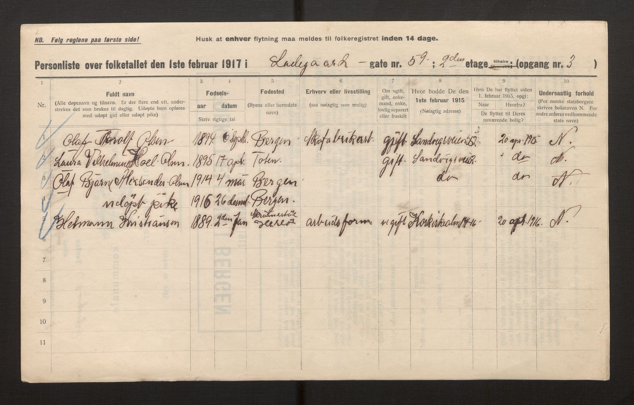 SAB, Kommunal folketelling 1917 for Bergen kjøpstad, 1917, s. 21200
