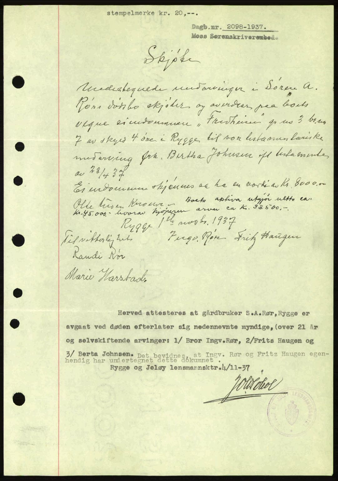 Moss sorenskriveri, SAO/A-10168: Pantebok nr. A3, 1937-1938, Dagboknr: 2098/1937