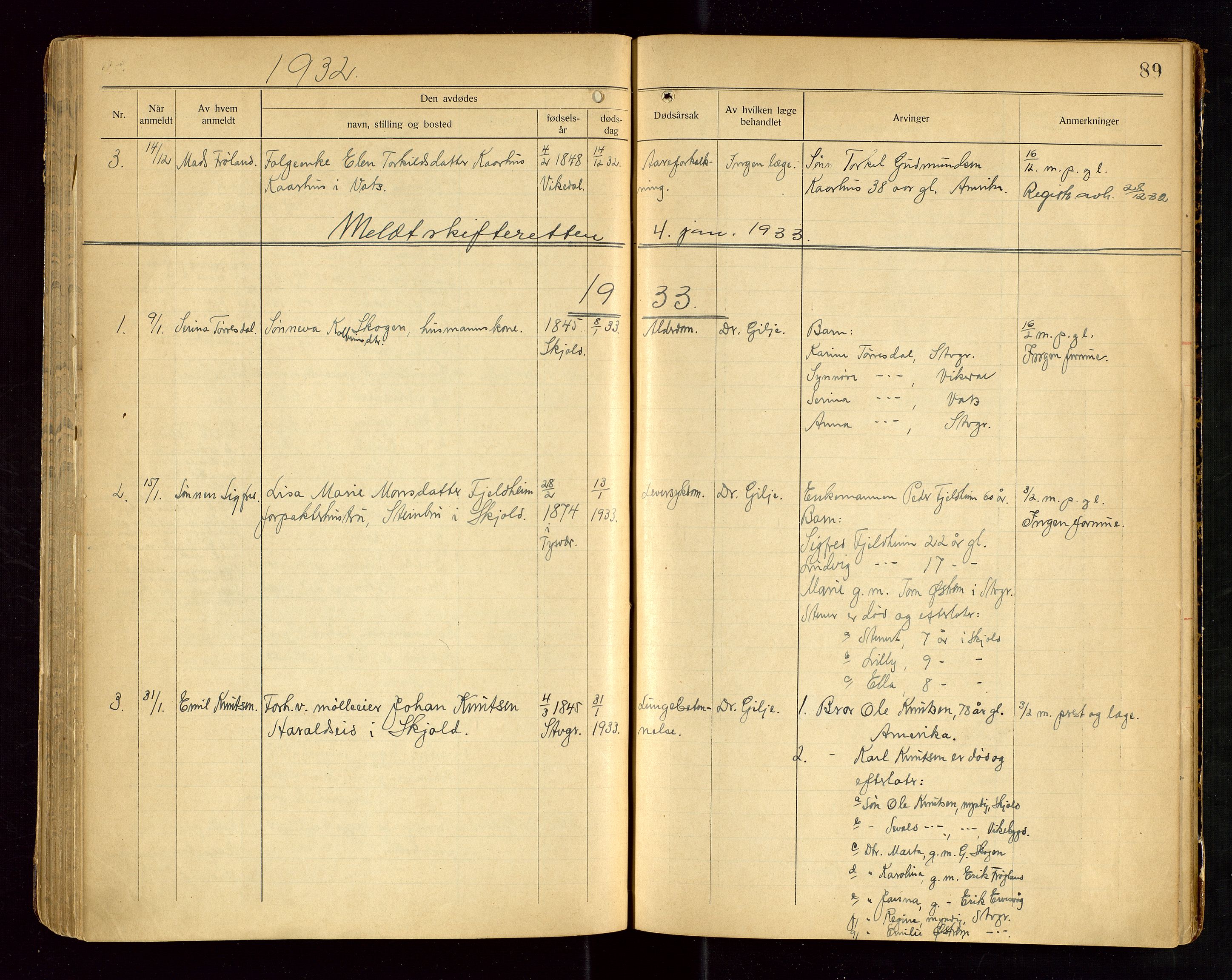 Skjold lensmannskontor, AV/SAST-A-100182/Gga/L0004: "Dødsfaldsprotkol for Skjold", 1922-1934, s. 89