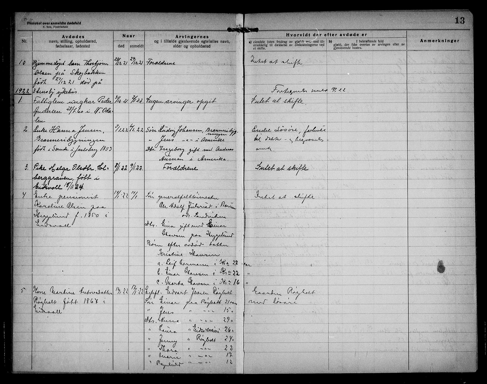 Eidsvoll lensmannskontor, AV/SAO-A-10266a/H/Ha/Haa/L0005: Dødsfallprotokoll, 1921-1930, s. 13
