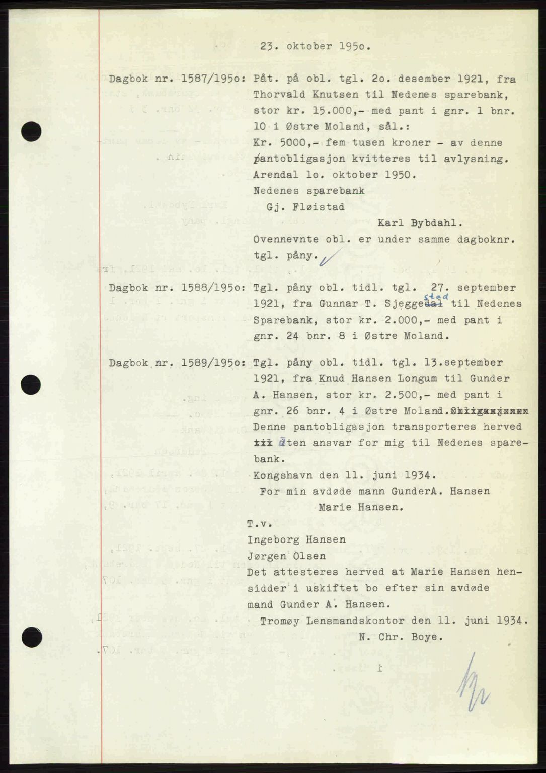 Nedenes sorenskriveri, SAK/1221-0006/G/Gb/Gba/L0063: Pantebok nr. A15, 1950-1950, Dagboknr: 1587/1950