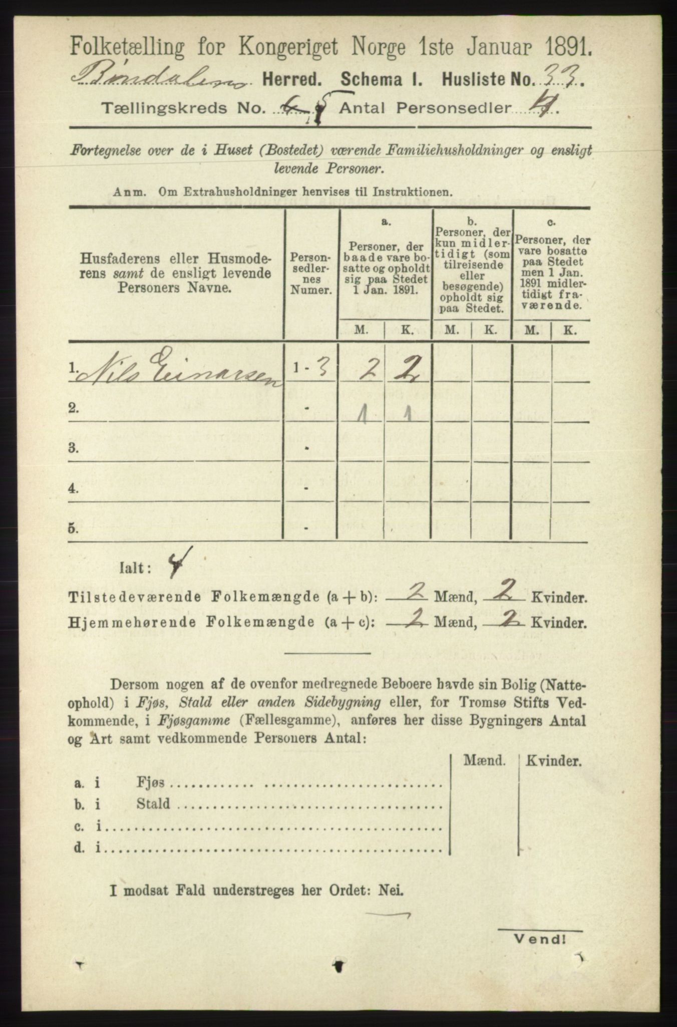 RA, Folketelling 1891 for 1811 Bindal herred, 1891, s. 1302