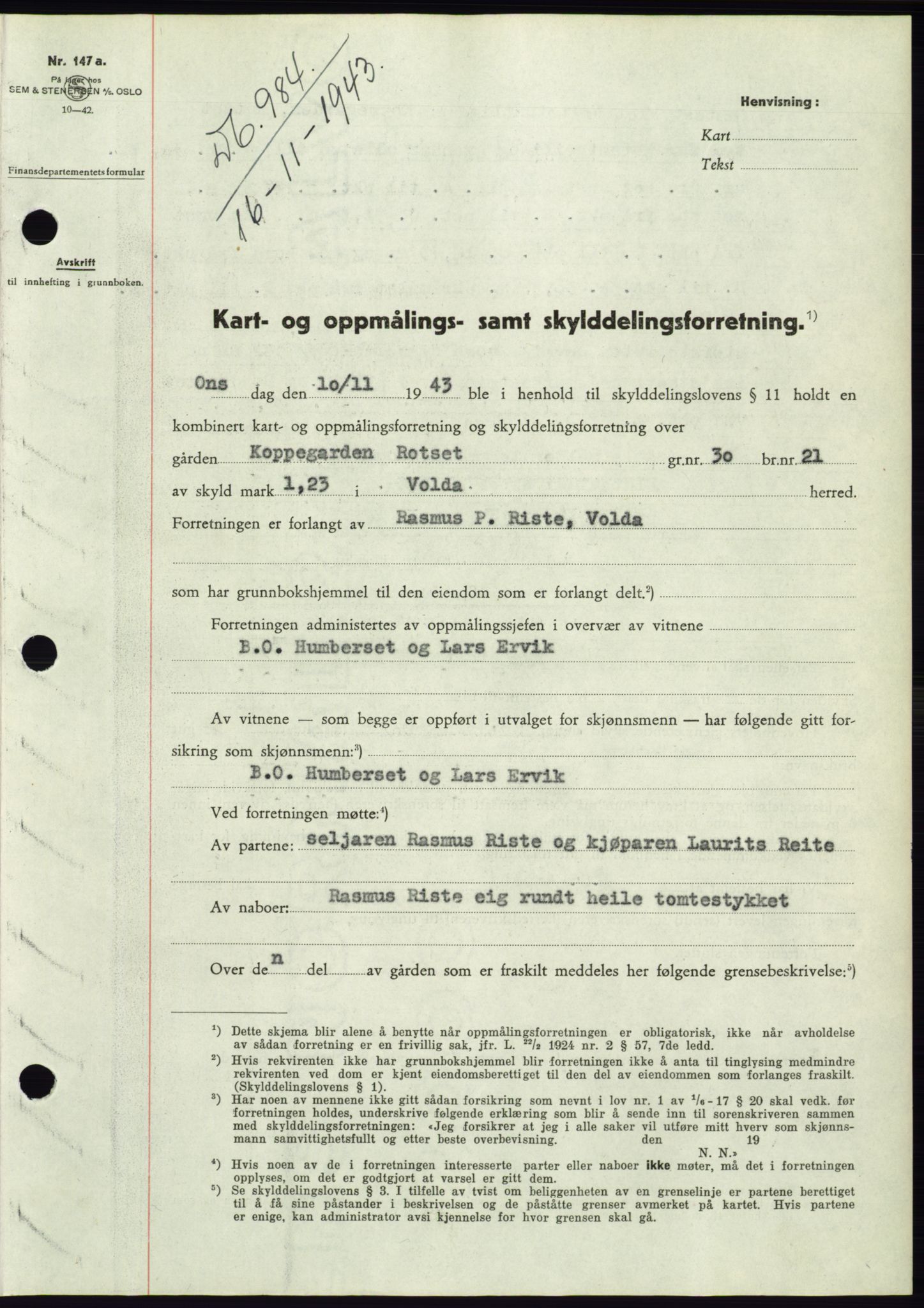 Søre Sunnmøre sorenskriveri, SAT/A-4122/1/2/2C/L0075: Pantebok nr. 1A, 1943-1943, Dagboknr: 984/1943