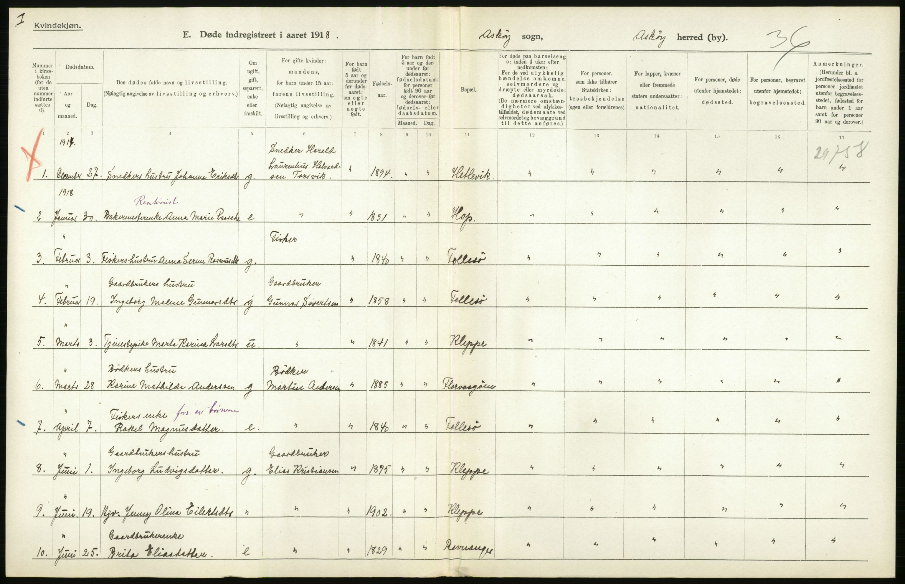 Statistisk sentralbyrå, Sosiodemografiske emner, Befolkning, RA/S-2228/D/Df/Dfb/Dfbh/L0036: Hordaland fylke: Døde., 1918, s. 506