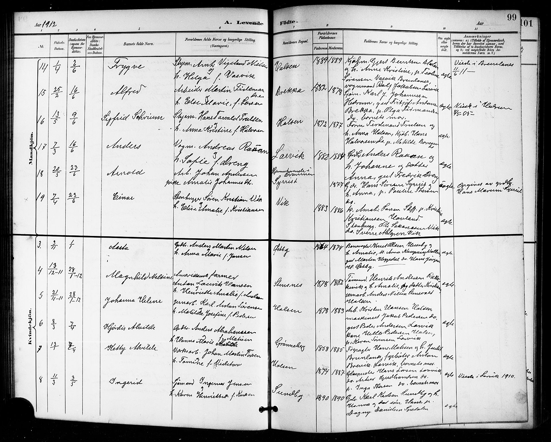 Tjølling kirkebøker, AV/SAKO-A-60/G/Ga/L0002: Klokkerbok nr. 2, 1895-1918, s. 99