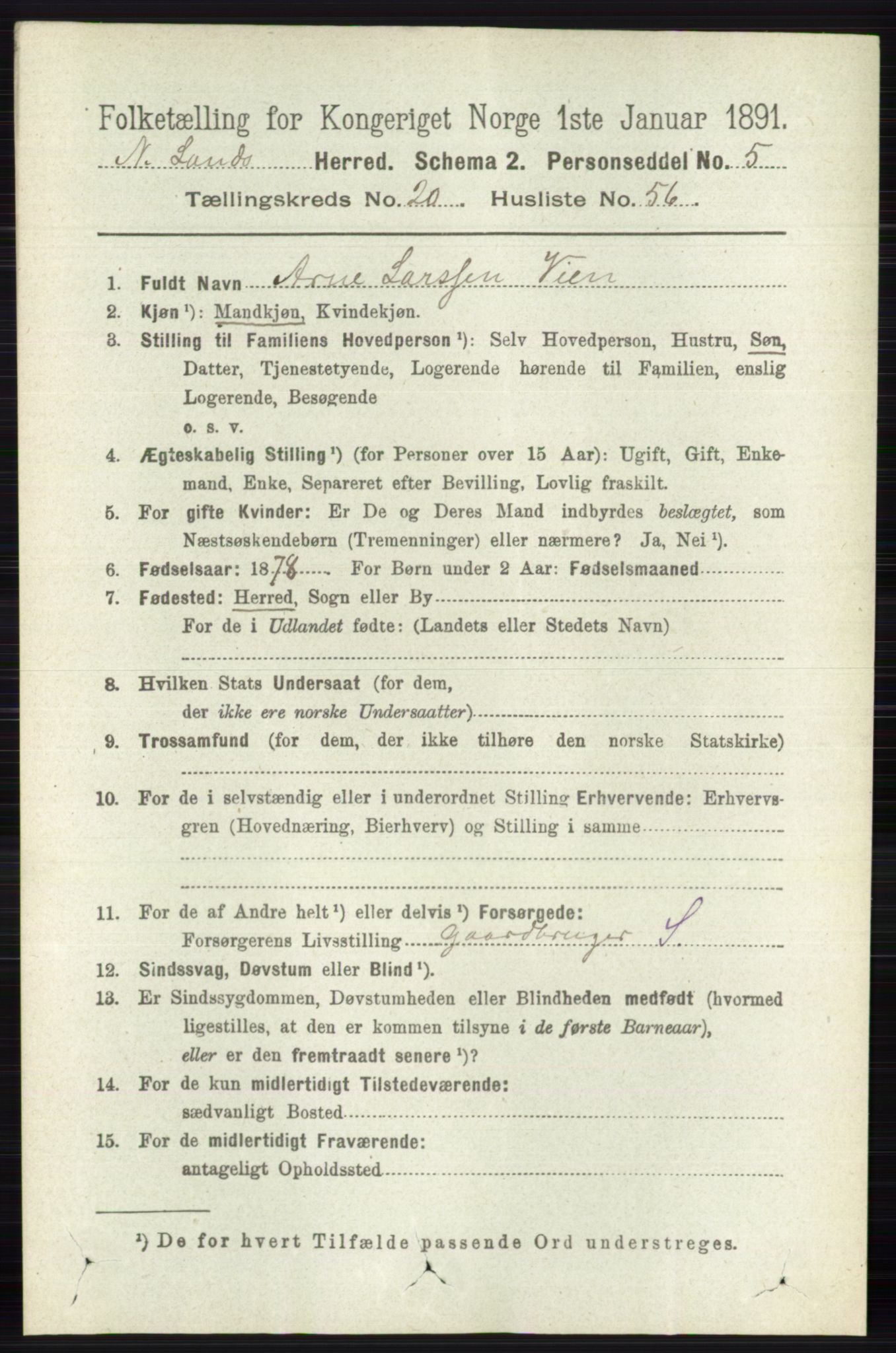 RA, Folketelling 1891 for 0538 Nordre Land herred, 1891, s. 5203