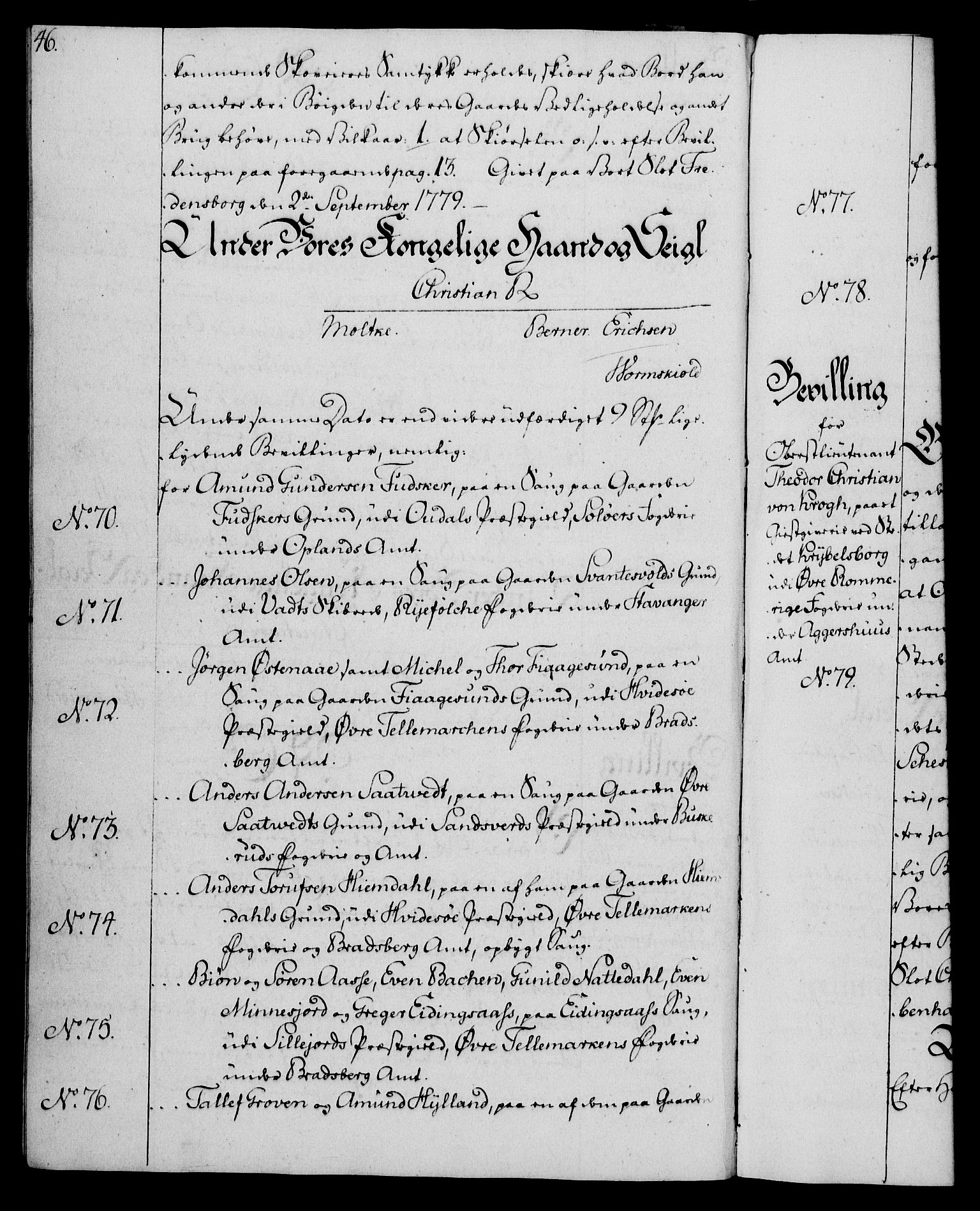 Rentekammeret, Kammerkanselliet, AV/RA-EA-3111/G/Gg/Gga/L0011: Norsk ekspedisjonsprotokoll med register (merket RK 53.11), 1779-1781, s. 46