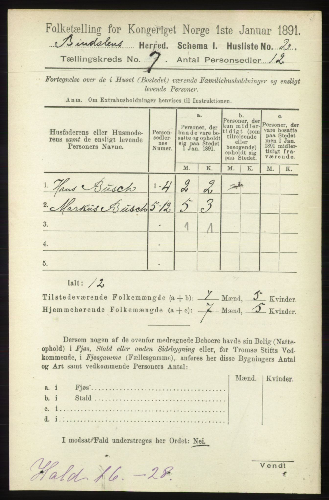 RA, Folketelling 1891 for 1811 Bindal herred, 1891, s. 2197